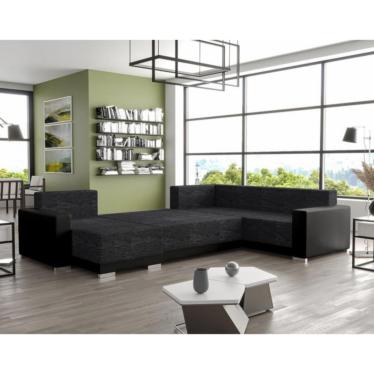 BEST MOBILIER Roger - canapé panoramique d'angle réversible 7 places convertible avec coffre en tissu