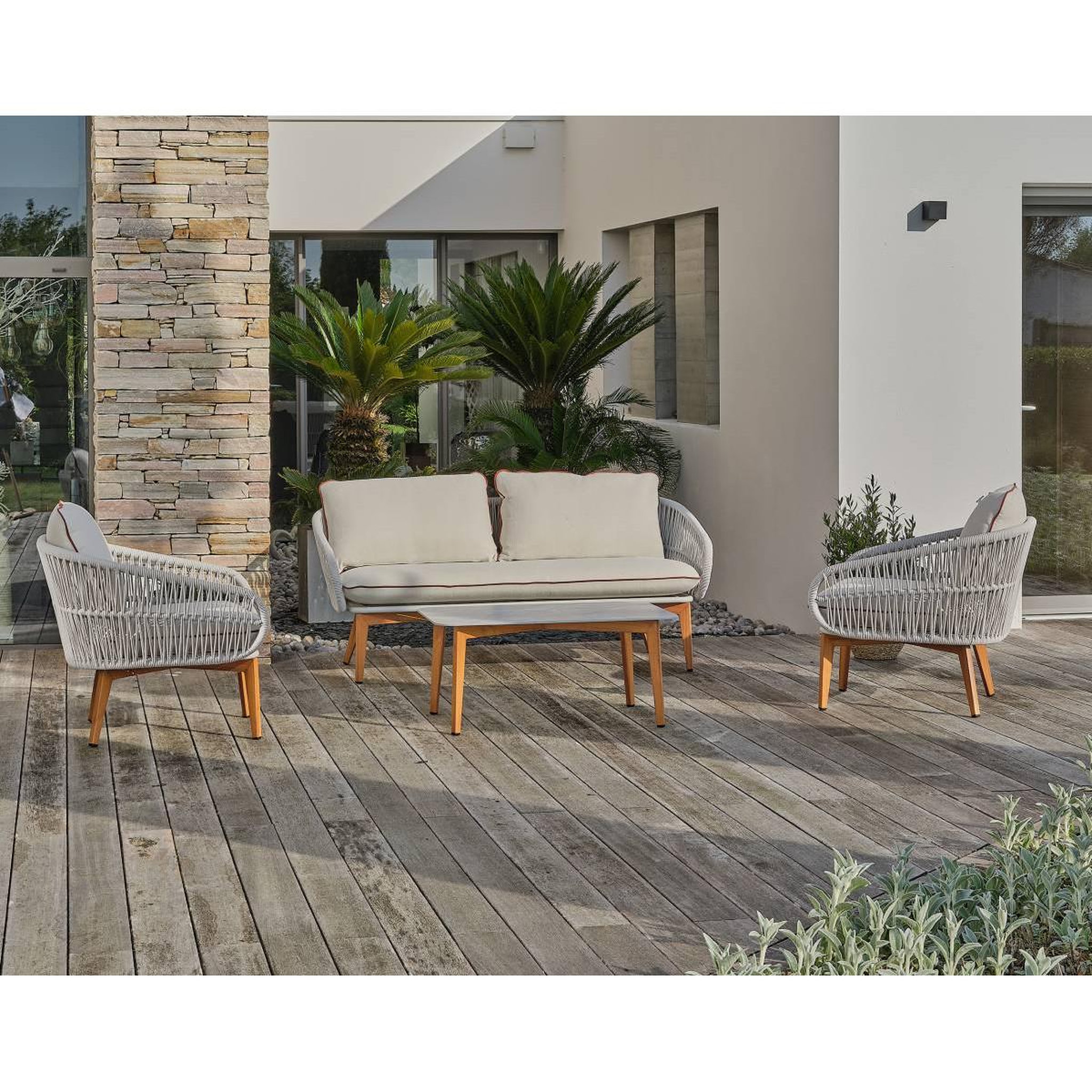 Voir la diapositive 3 : DCB GARDEN Salon de Jardin 5 Places  Cuzco  166cm Naturel & Blanc