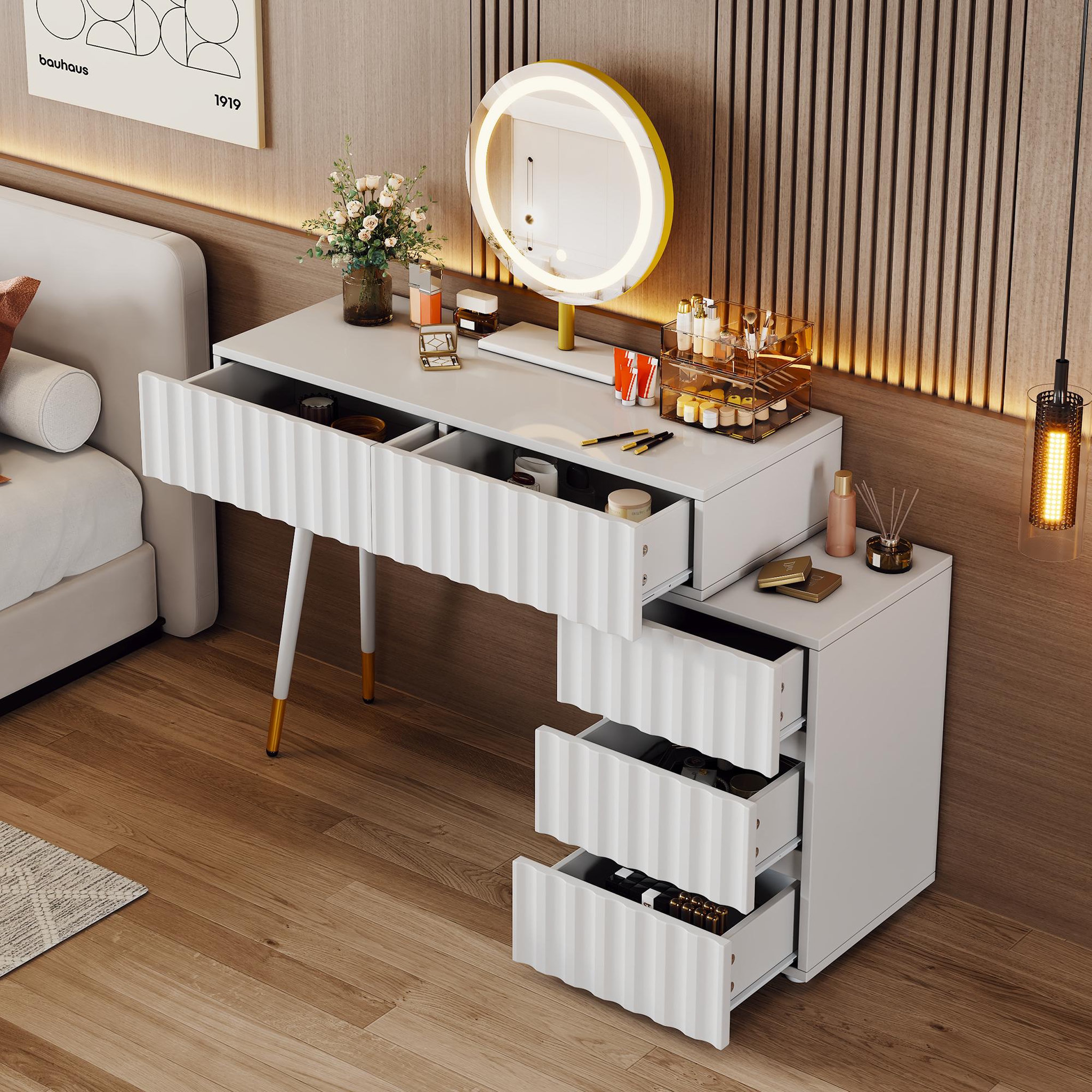 Voir la diapositive 2 : MERAX Coiffeuse coloris blanc mdf et panneaux de particules