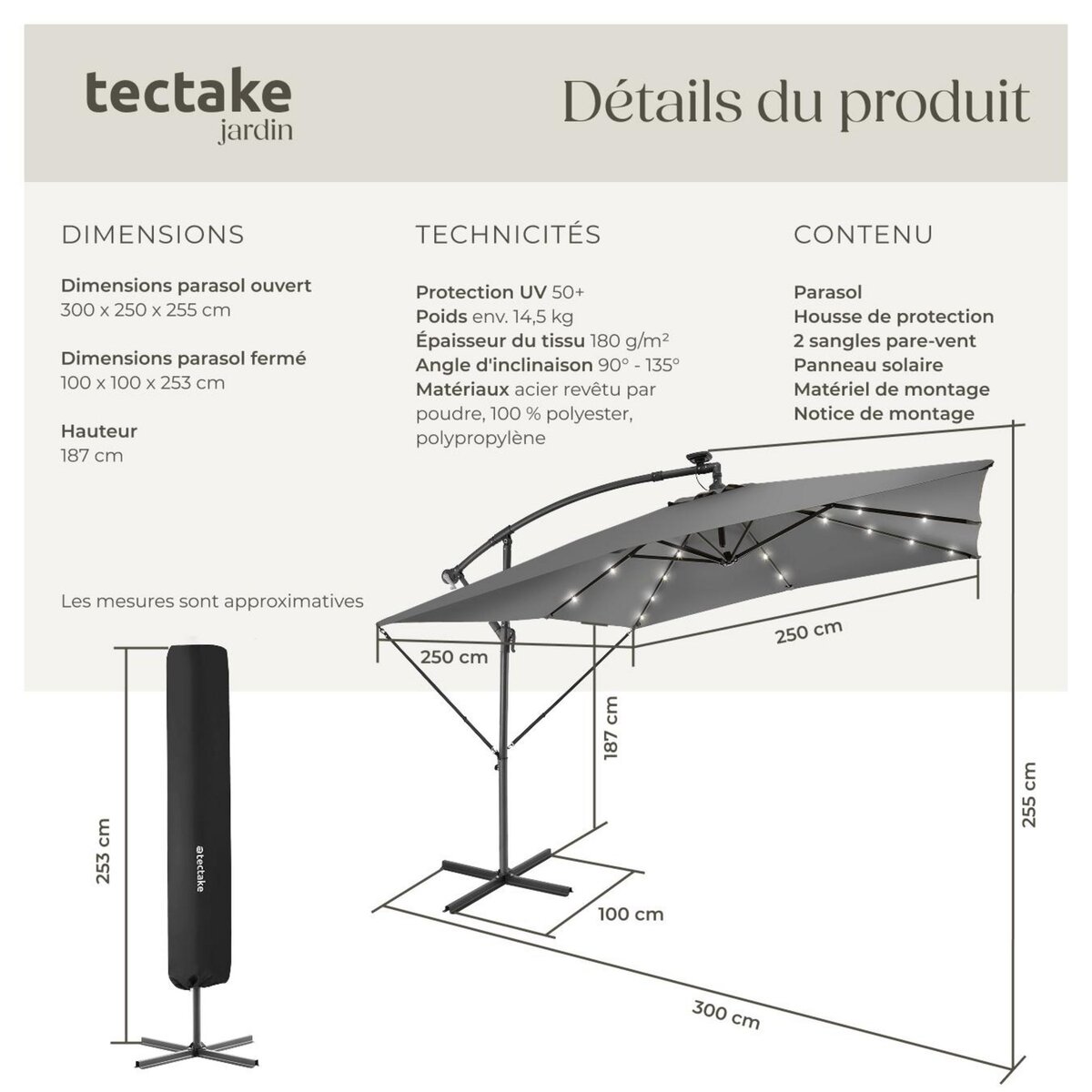tectake Parasol 250 x 250 cm avec éclairage LED solaire gris clair