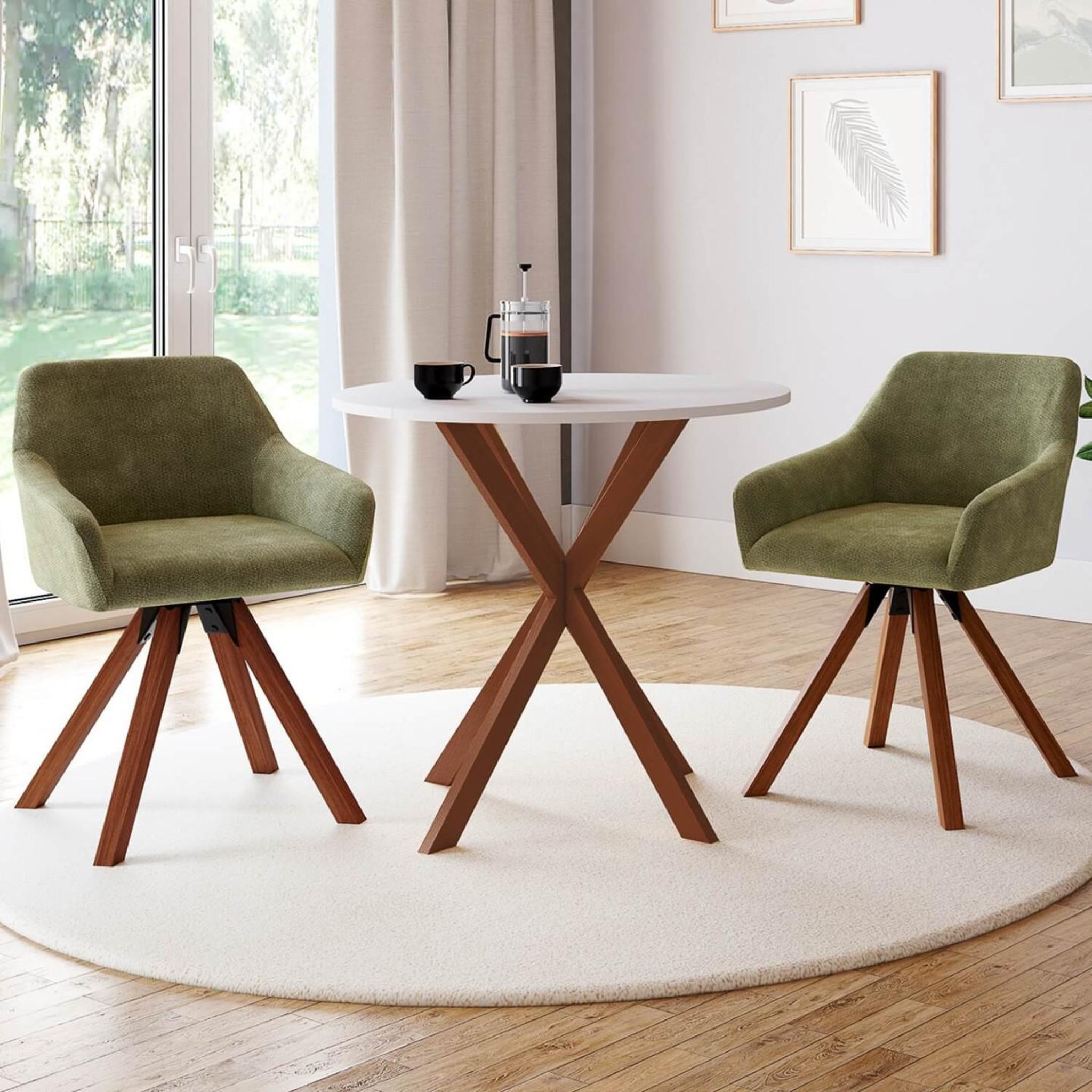 Voir la diapositive 2 : ID MARKET Lot de 2 chaises pivotantes 360° de salle à manger, fauteuils de table jany en tissu chenille verte et pied noyer