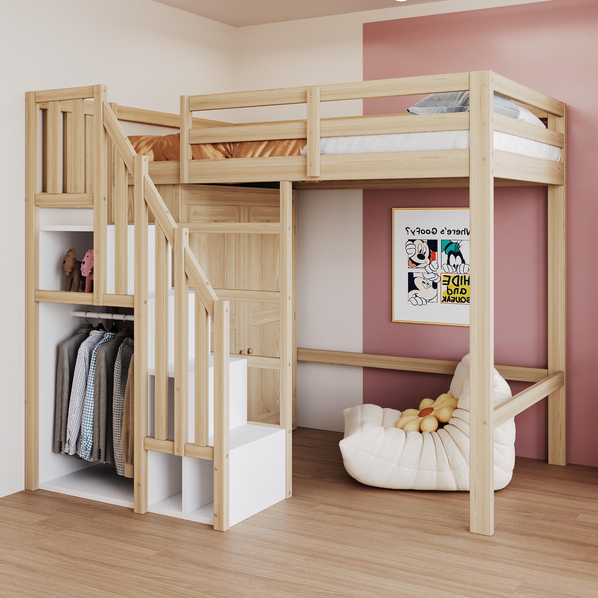 Voir la diapositive 2 : MERAX Lit mezzanine 90x200 cm coloris naturel+blanc bois massif