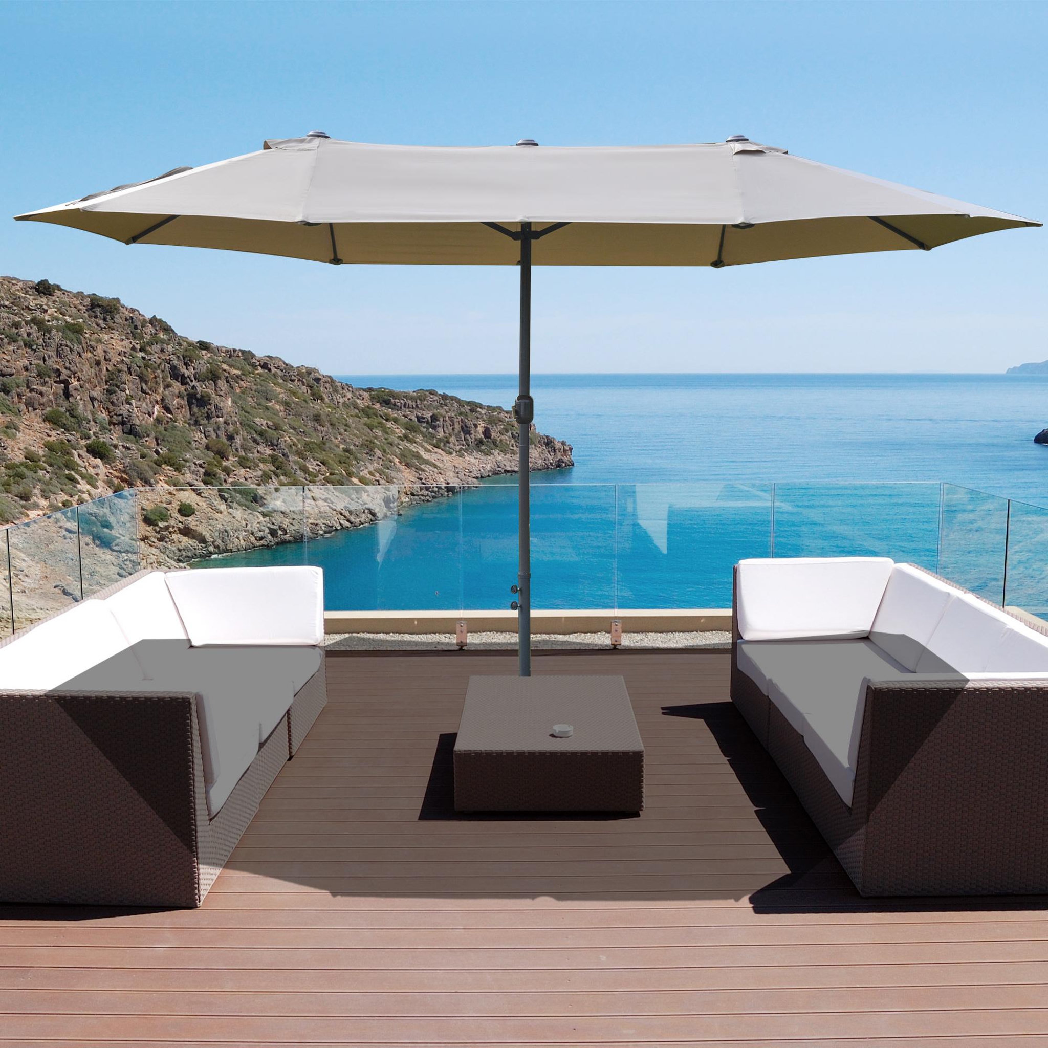 Voir la diapositive 2 : OUTSUNNY Parasol de jardin XXL parasol grande taille 4,6L x 2,7l x 2,4H m ouverture fermeture manivelle acier polyester haute densité café latte