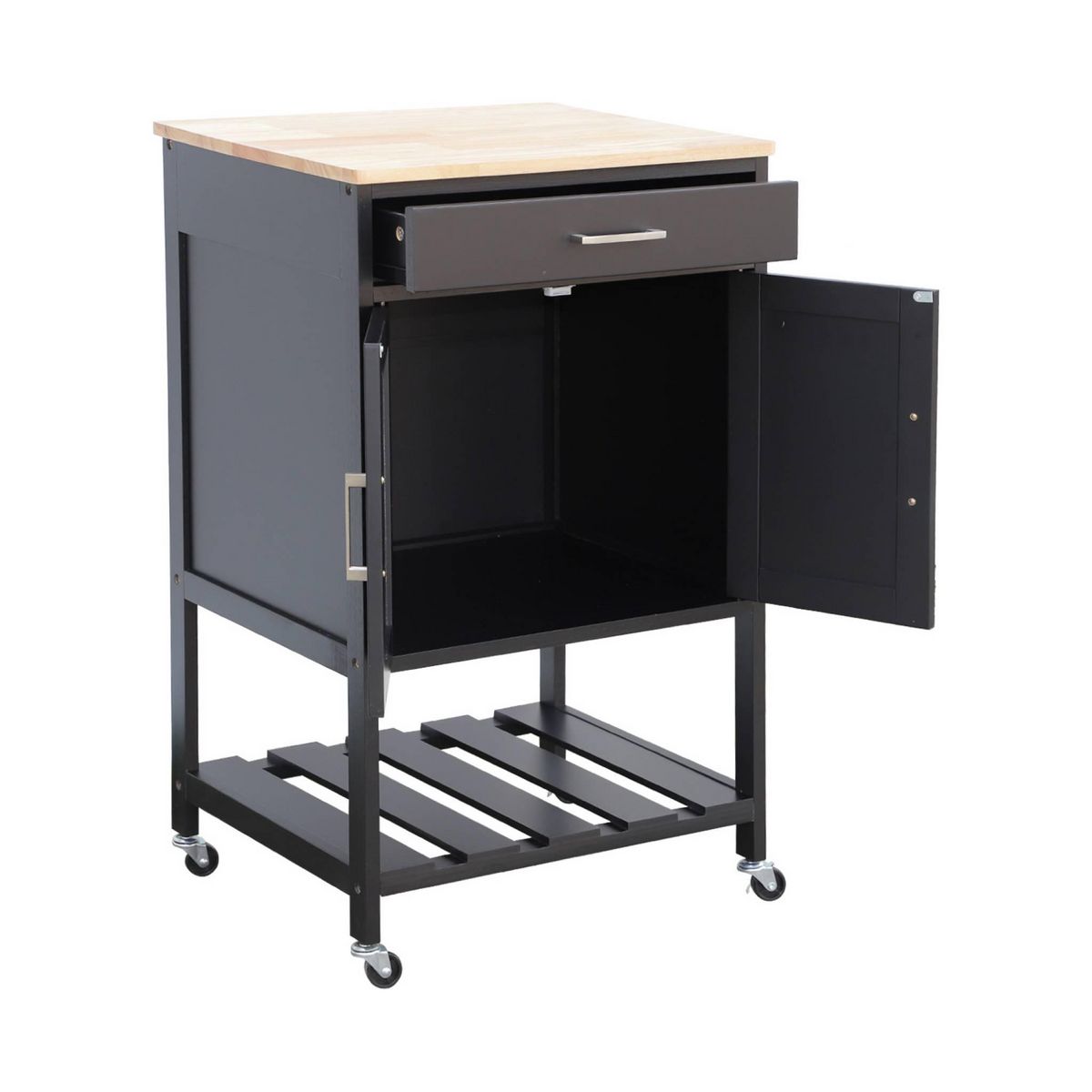 SWEEEK Desserte de cuisine BENDOR plateau en bois d'hévéa, 56 x 46 x 90 cm, 4 roues, 1 tiroir, 2 étagère, 1 double porte, style contemporain