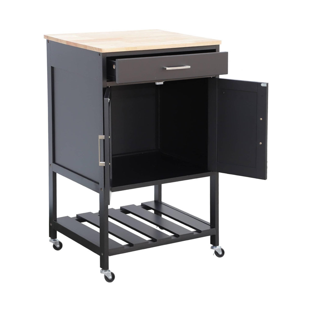SWEEEK Desserte de cuisine BENDOR plateau en bois d'hévéa, 56 x 46 x 90 cm, 4 roues, 1 tiroir, 2 étagère, 1 double porte, style contemporain