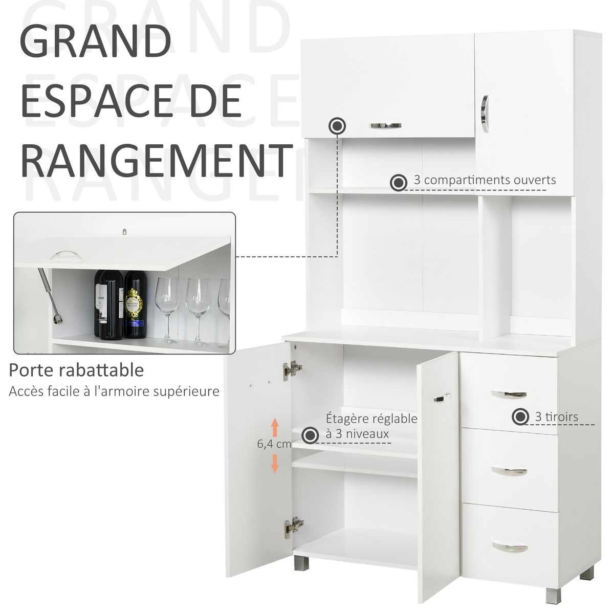 HOMCOM HOMCOM Armoire de cuisine multi-rangements 4 portes 3 tiroirs étagère + grand plateau 100L x 39l x 183H cm MDF blanc