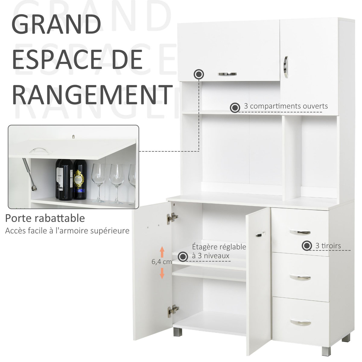 HOMCOM HOMCOM Armoire de cuisine multi-rangements 4 portes 3 tiroirs étagère + grand plateau 100L x 39l x 183H cm MDF blanc