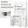 Voir la diapositive 6 : HOMCOM HOMCOM Armoire de cuisine multi-rangements 4 portes 3 tiroirs étagère + grand plateau 100L x 39l x 183H cm MDF blanc