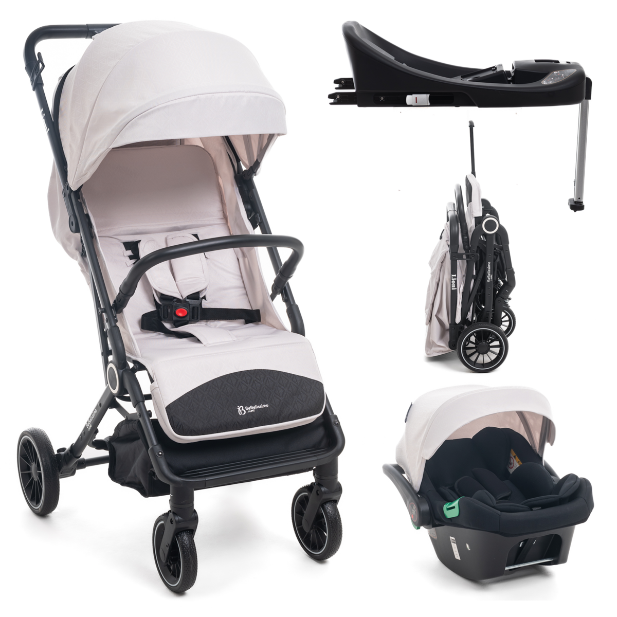 BEBELISSIMO Poussette combinée duo 2 en 1 - siège auto 0+ Lioni – dès la naissance – jusqu'à 22kg - beige - base ISOFIX - jambe de force