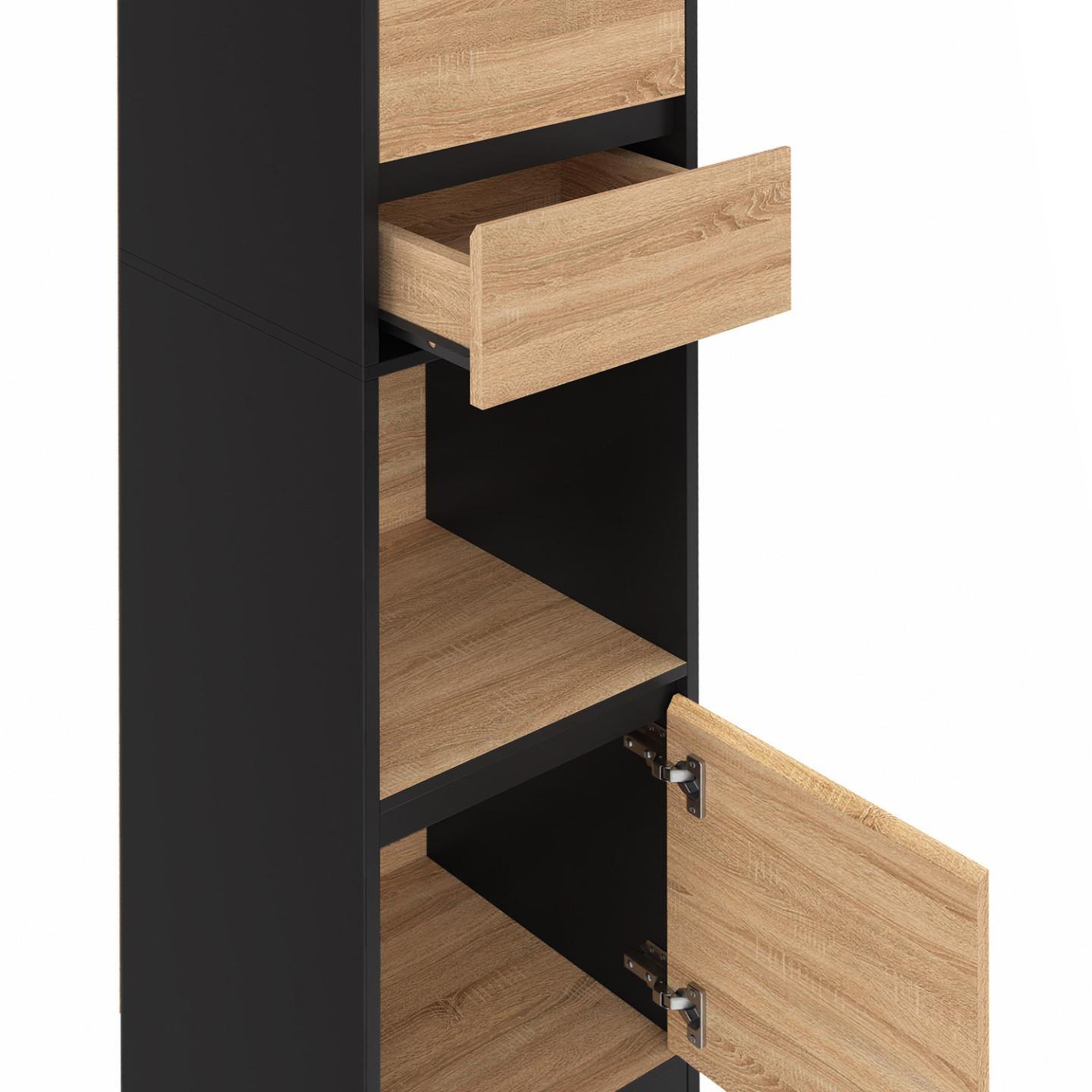 Voir la diapositive 6 : ID MARKET Etagère bibliothèque carla 3 étagères 2 tiroirs 1 placard noir et effet bois 190 cm