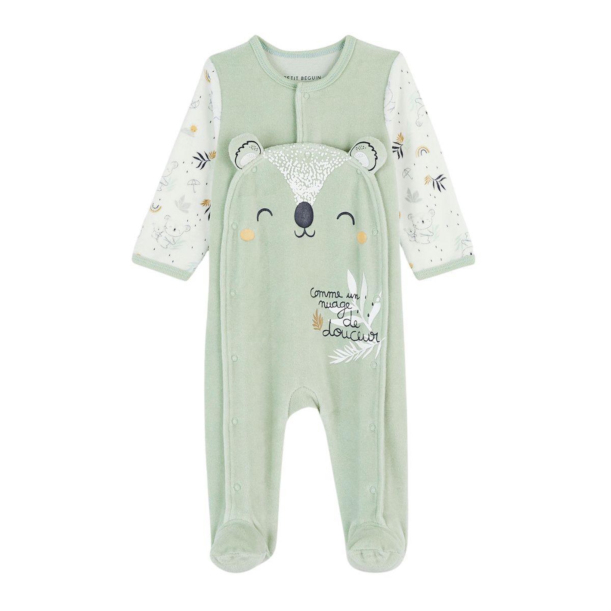 Petit Béguin Pyjama bébé en velours ouverture pont Nuage. Coloris disponibles : Vert