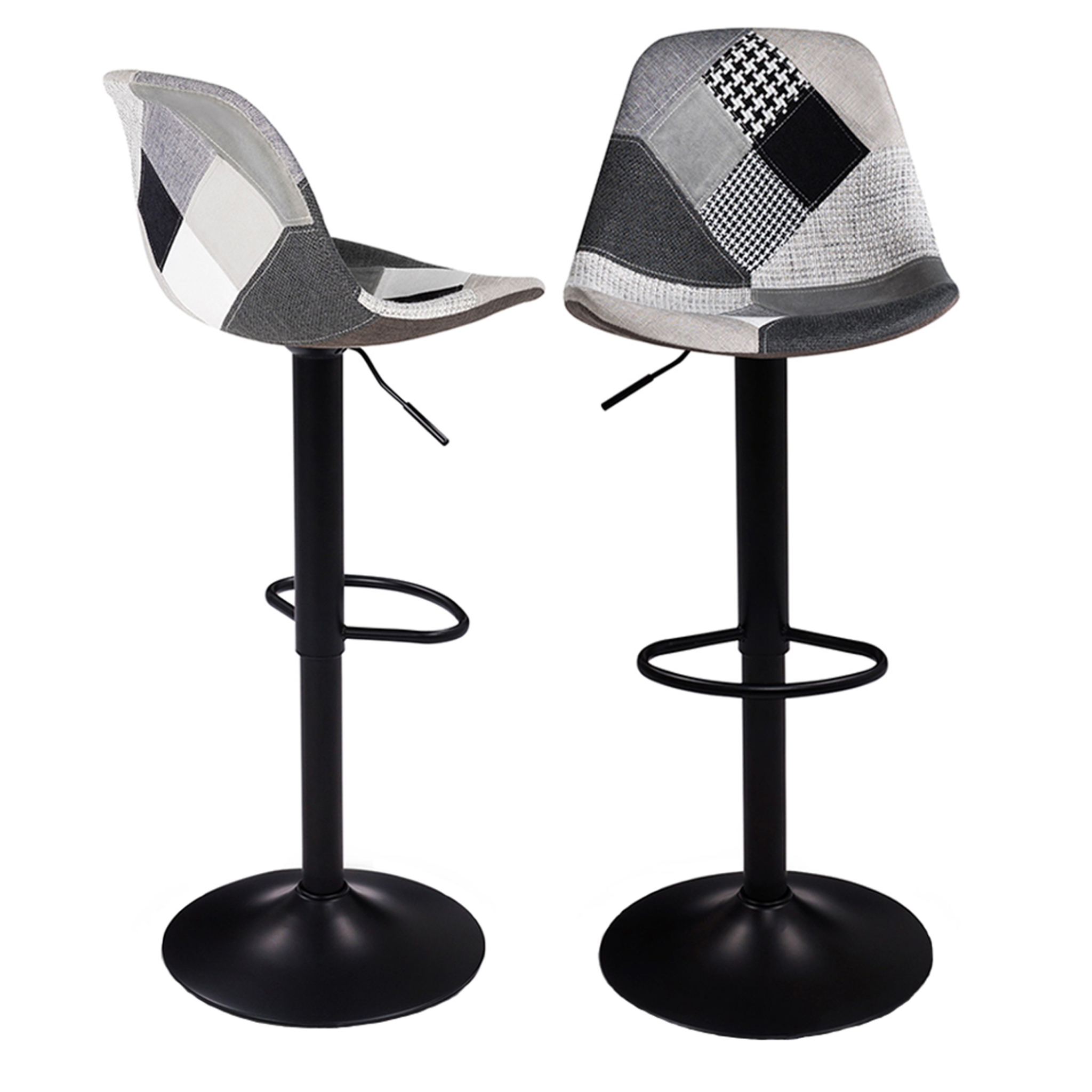 ID MARKET Lot de 2 tabourets de bar karl design patchworks noirs, gris et blancs pied noir