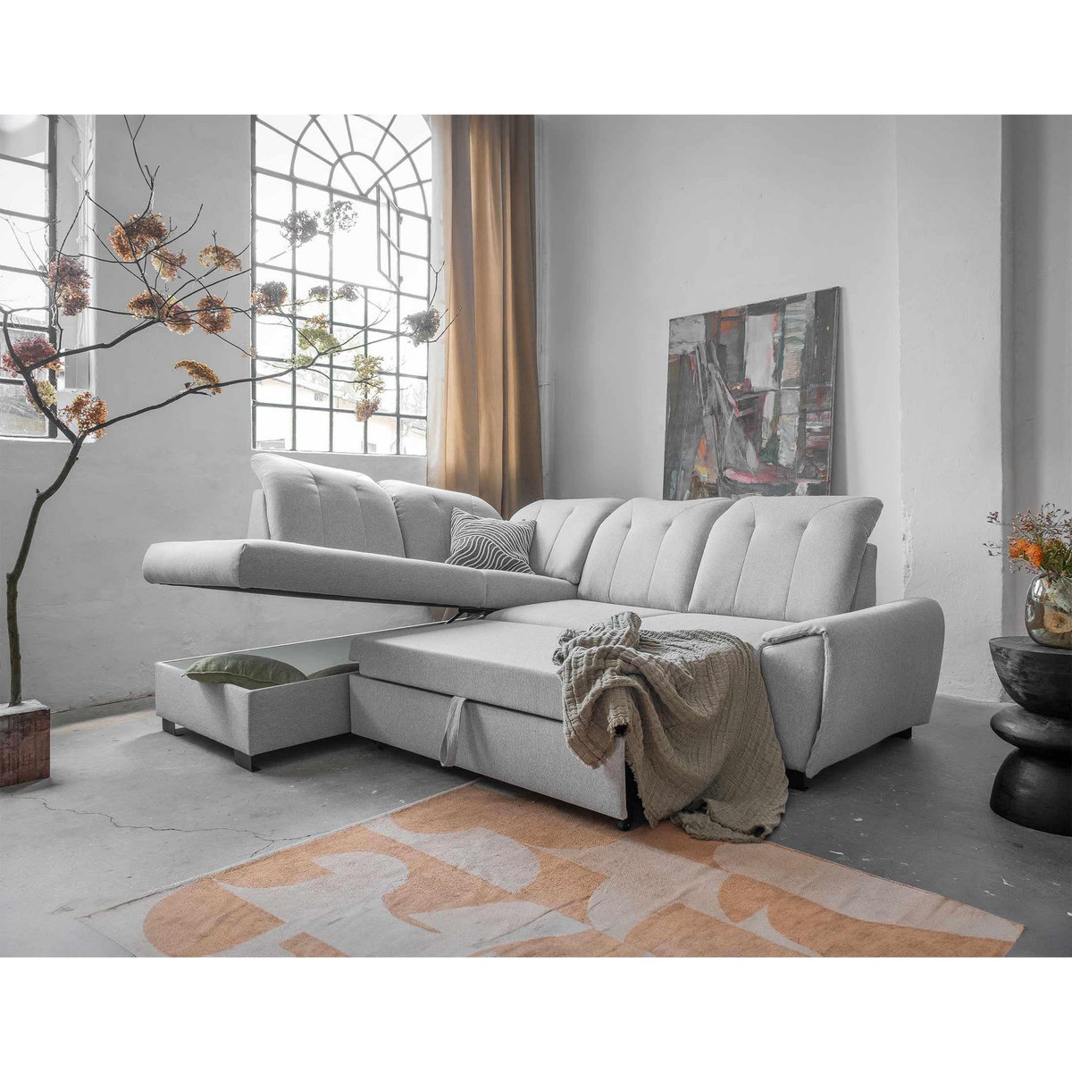 BEST MOBILIER Paul - canapé d'angle gauche - 5 places - convertible avec coffre et têtières - en tissu