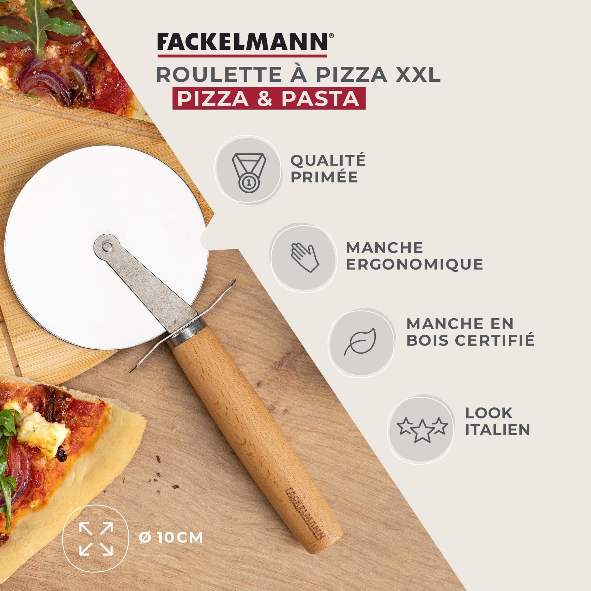 Voir la diapositive 2 : Fackelmann Roulette à pizza géante manche en bois 23 cm fackelmann pizza & pasta