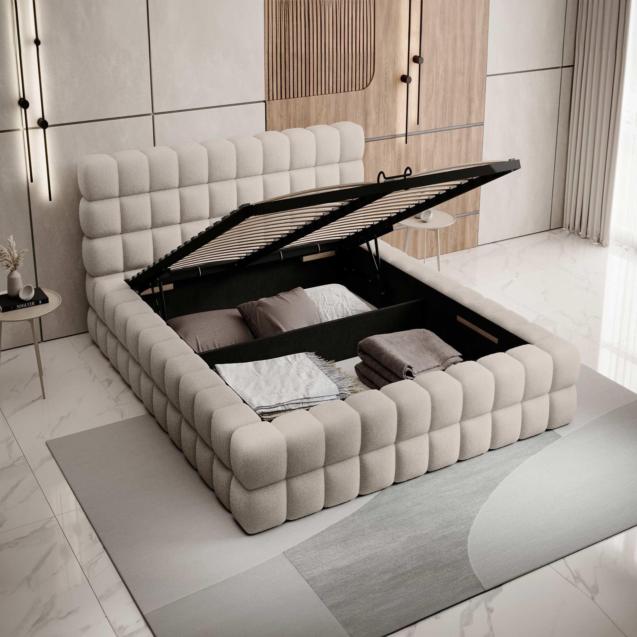 Voir la diapositive 2 : BEST MOBILIER Kingston - lit coffre - 180x200 - sommier inclus - en tissu bouclette