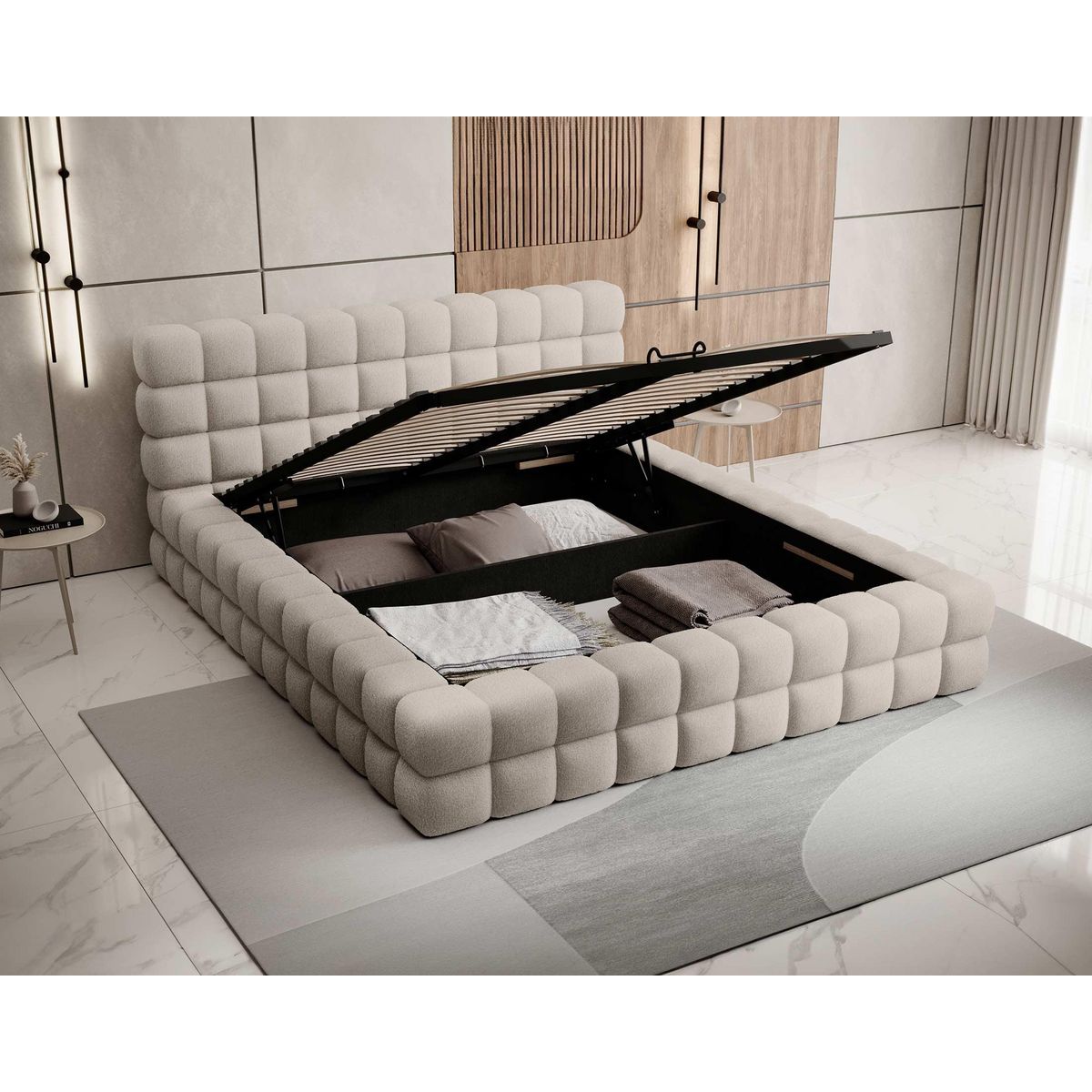 BEST MOBILIER Kingston - lit coffre - 180x200 - sommier inclus - en tissu bouclette