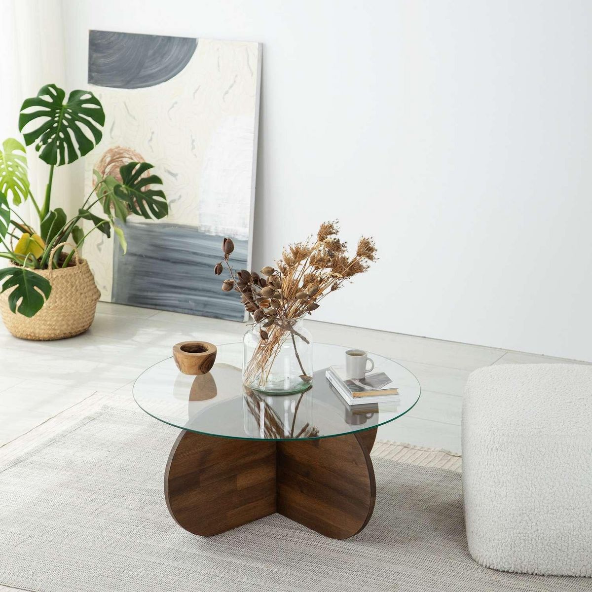 TOILINUX Table basse ronde Luminix en verre et bois massif - Marron foncé