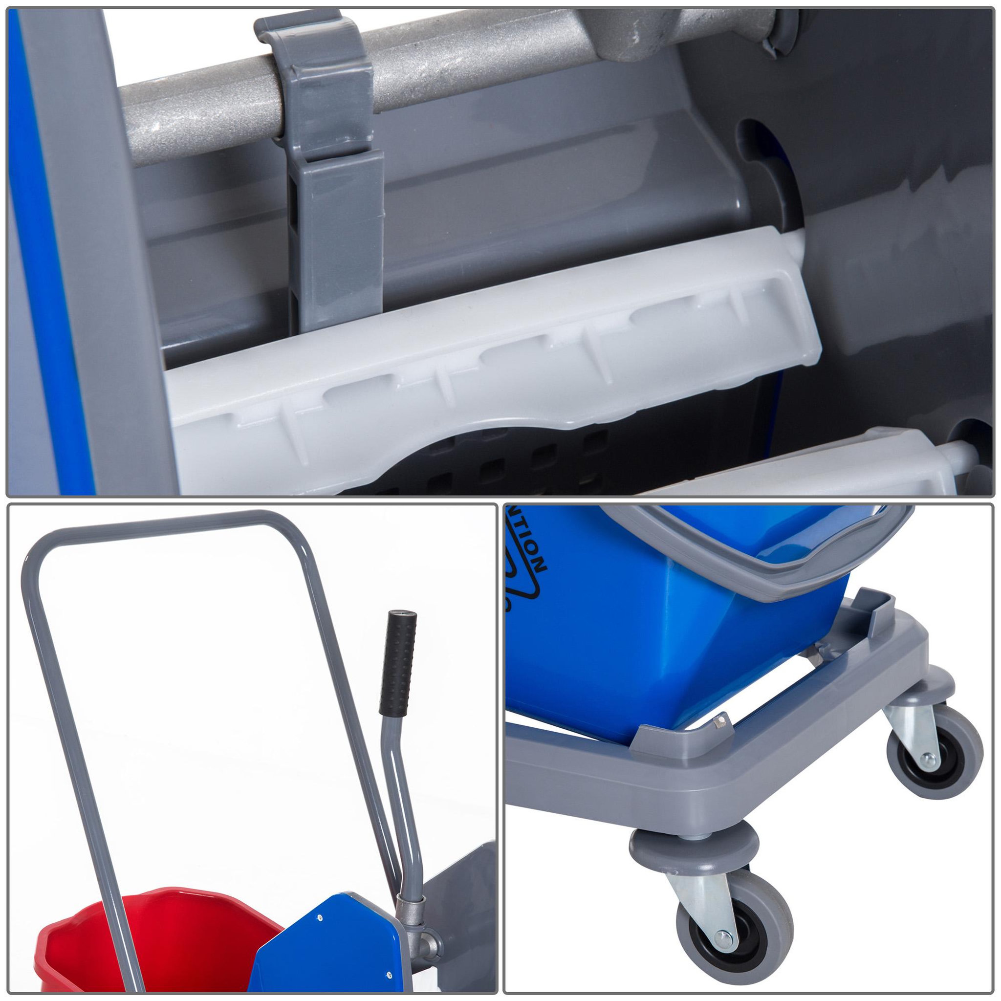 Voir la diapositive 6 : HOMCOM Chariot de lavage chariot de nettoyage professionnel presse à mâchoire 2 seaux 25 L 73L x 45l x 92H cm plastique gris bleu rouge