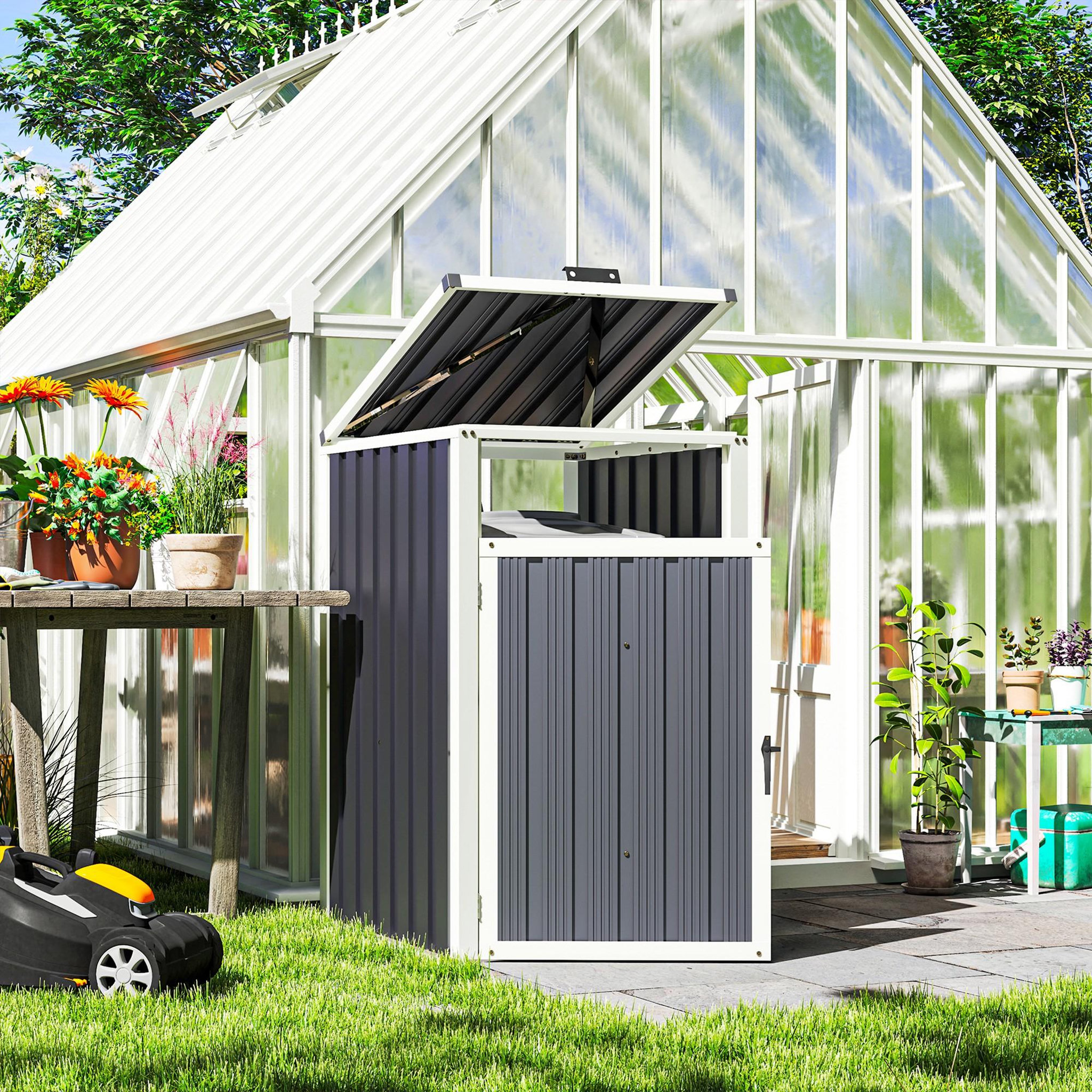 Voir la diapositive 4 : OUTSUNNY Abri poubelle - cache poubelle - 240L - porte, couvercle - tôle acier ondulé blanc gris