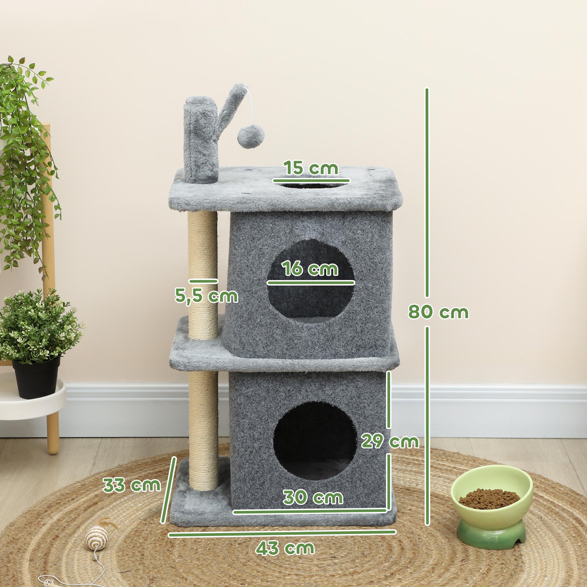 Voir la diapositive 3 : PAWHUT Arbre à chat à 3 niveaux hauteur 80 cm, tour pour chat avec 2 niches et surface de repos confortable, balle amovible, poteau en sisal et peluche douce, pour animal 5 kg, gris foncé