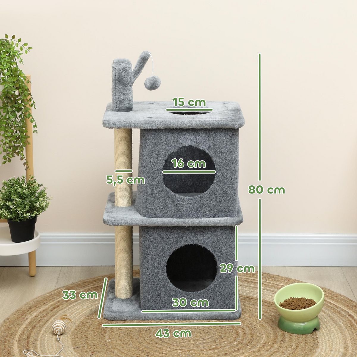 PAWHUT Arbre à chat à 3 niveaux hauteur 80 cm, tour pour chat avec 2 niches et surface de repos confortable, balle amovible, poteau en sisal et peluche douce, pour animal 5 kg, gris foncé