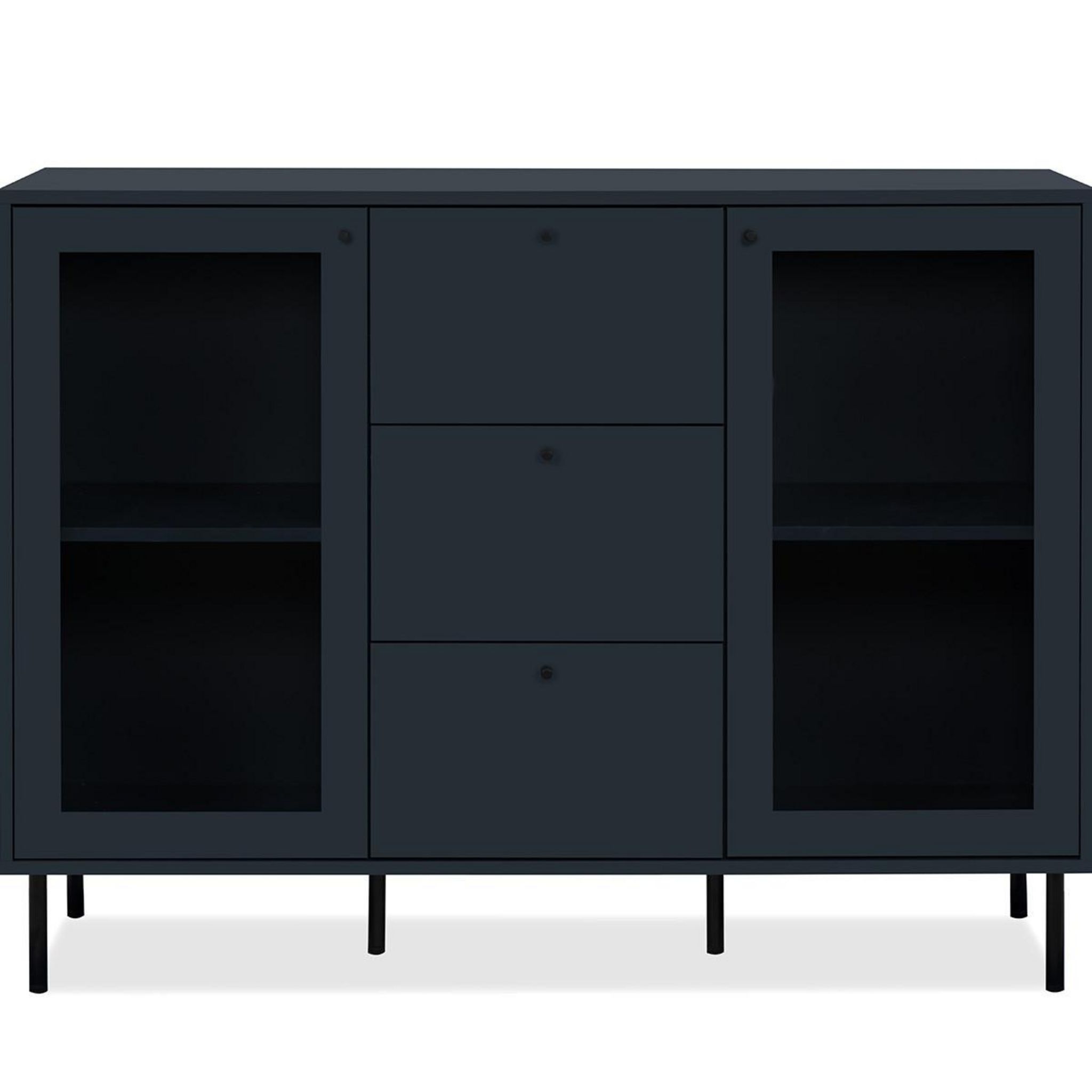 Buffet Cuisine Noir 3 Portes Vitrées & 3 Tiroirs – Meuble Rangement Salon Salle à Manger 108x38x98,5 Cm