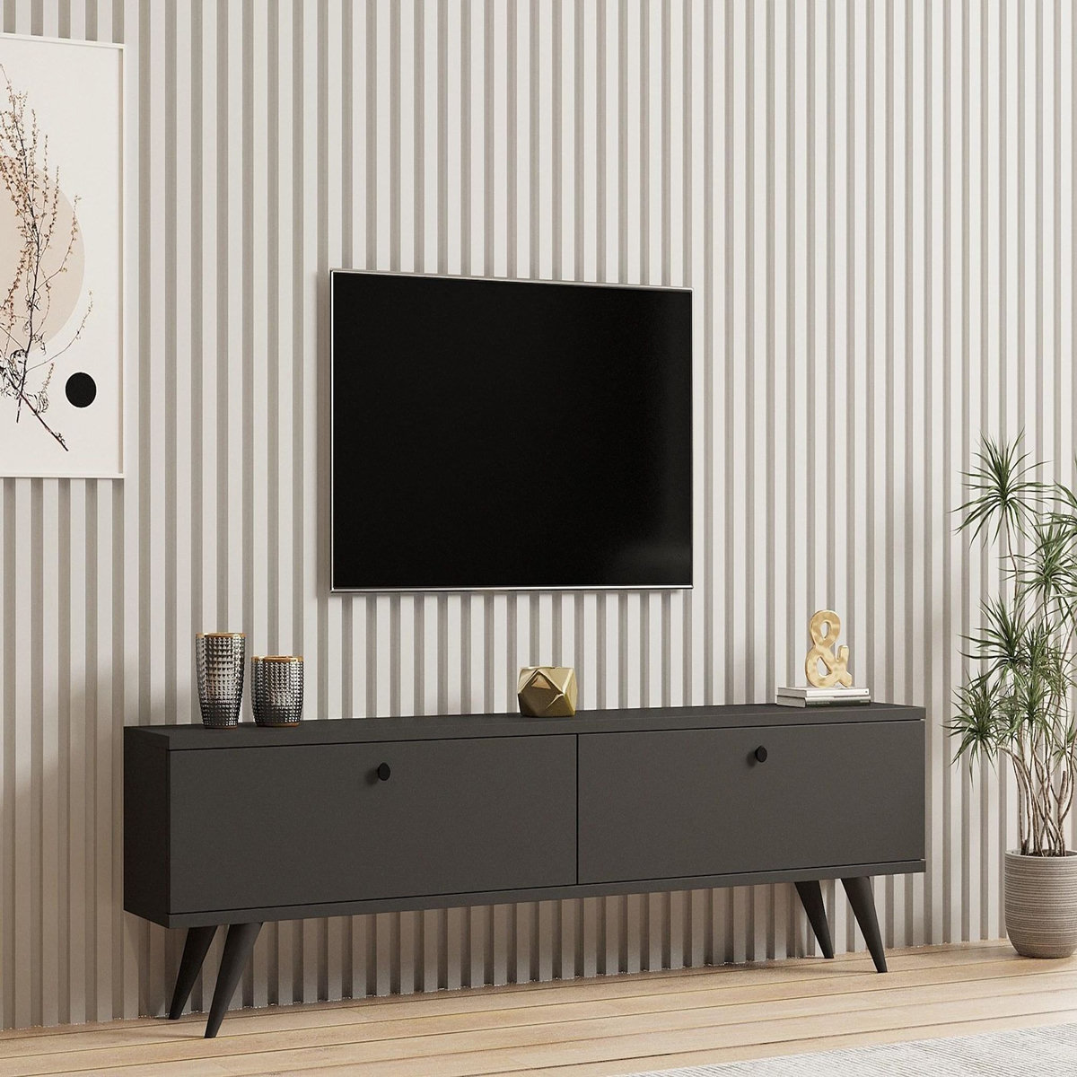 Habitat et Jardin Meuble TV en bois  Parlak  - 160 x 25 x 40 cm - Gris anthracite