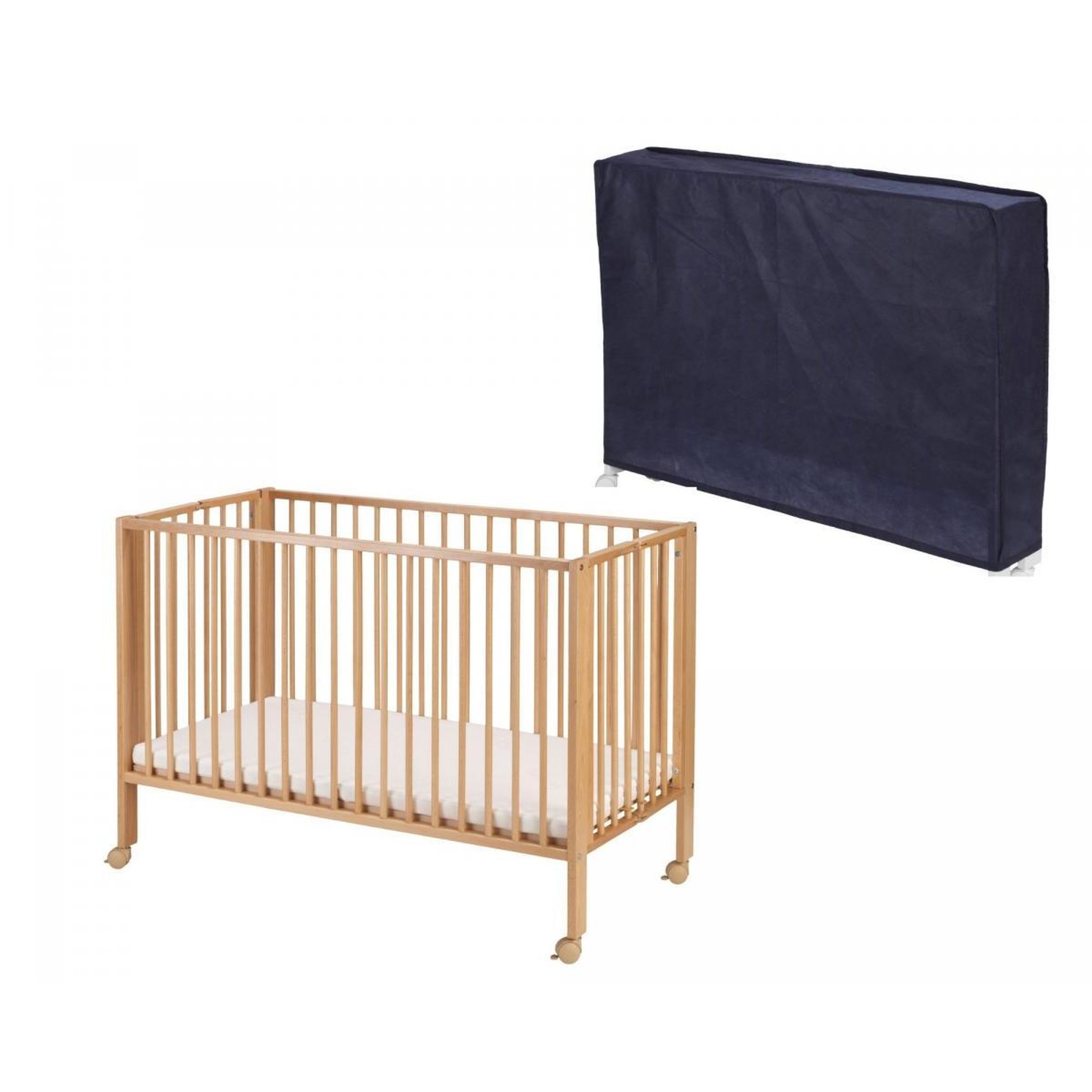 Voir la diapositive 1 : TISSI Lit pliable bois naturel avec matelas et housse de protection bleue