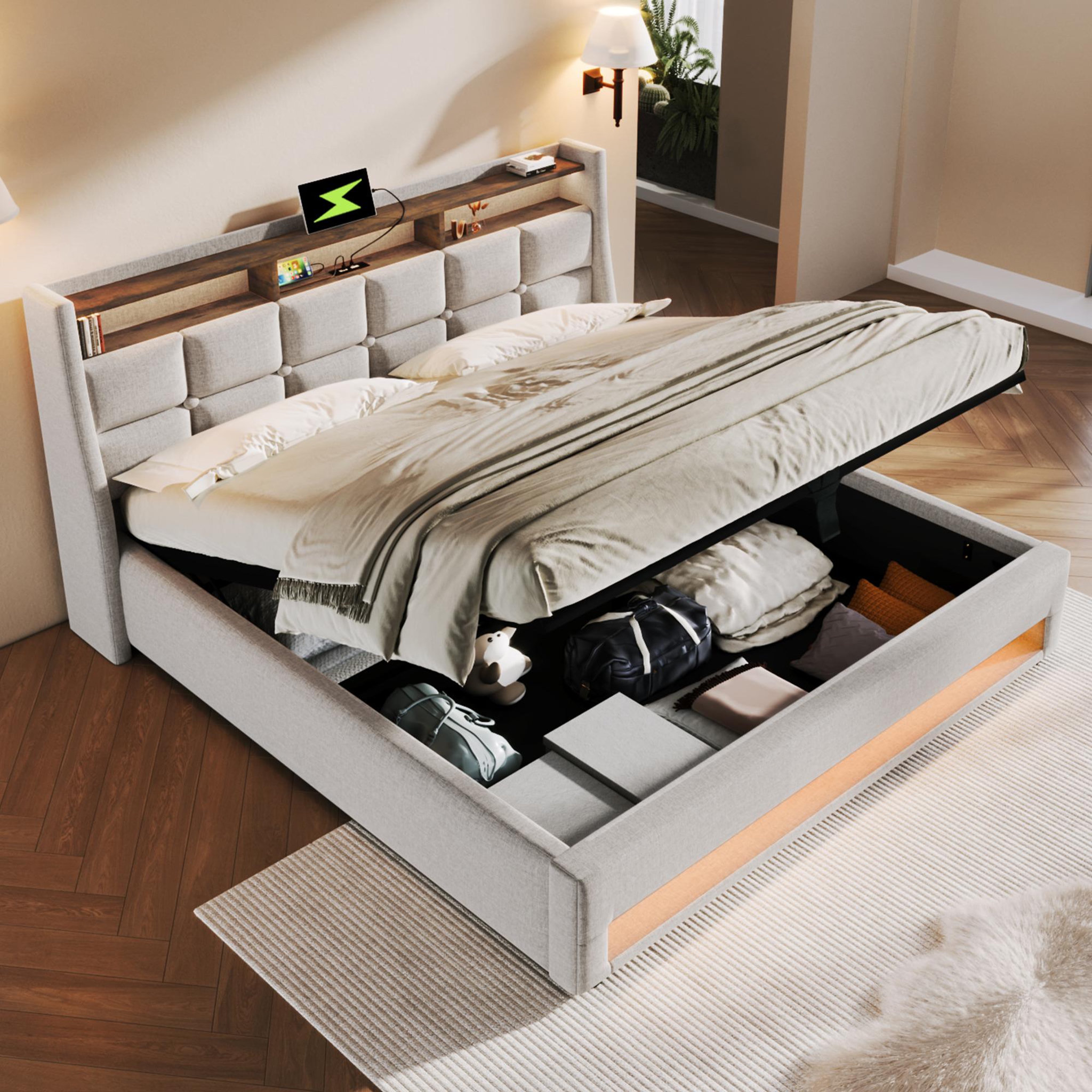 Voir la diapositive 1 : MERAX Lit coffre avec USB et LED Lin gris