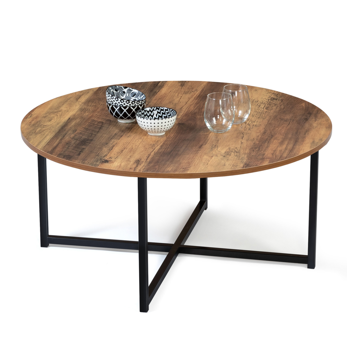 ID MARKET Table basse ronde HAWKINS 80 cm bois foncé design industriel
