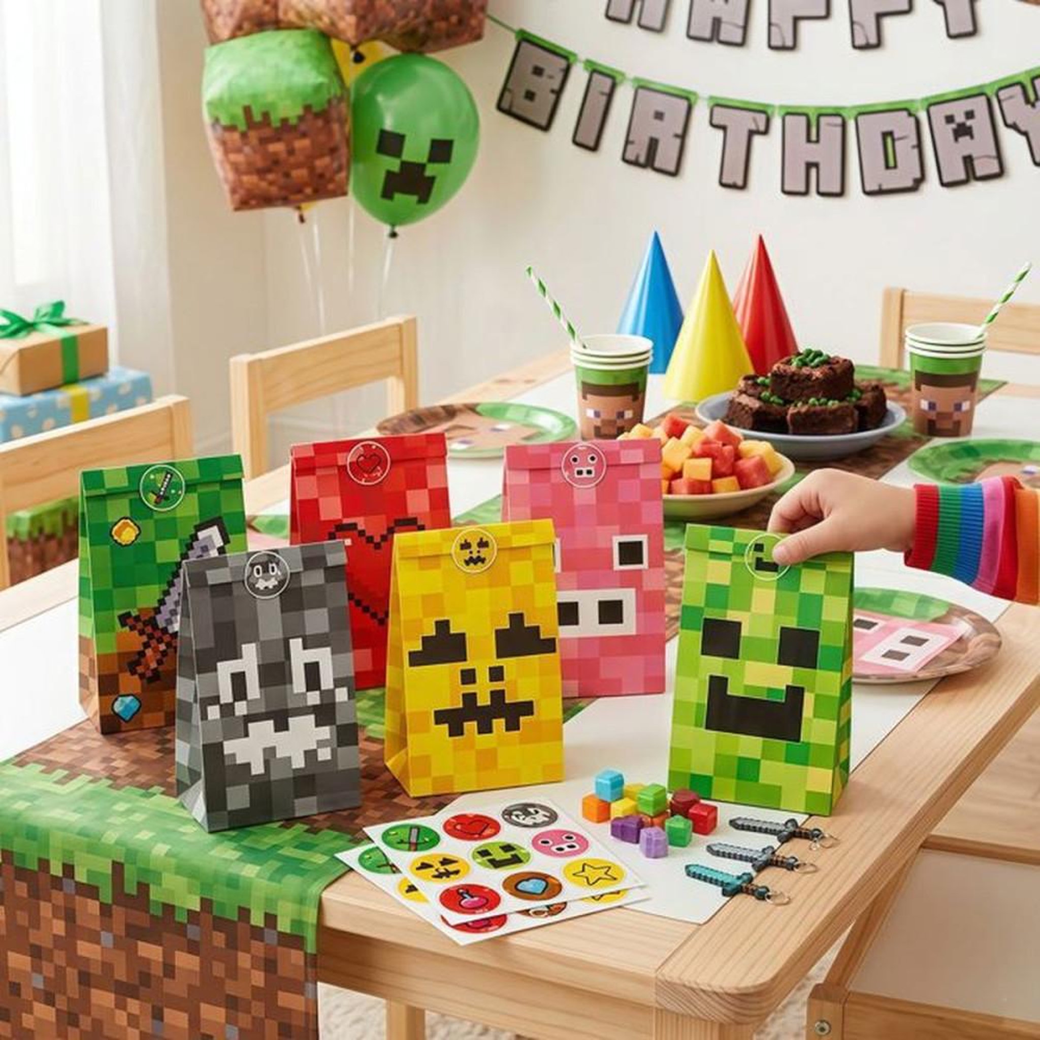 Voir la diapositive 6 : Sacs cadeaux Minecraft avec poignées, lot de 30, 4 motifs pixelisés et 18 autocollants ronds