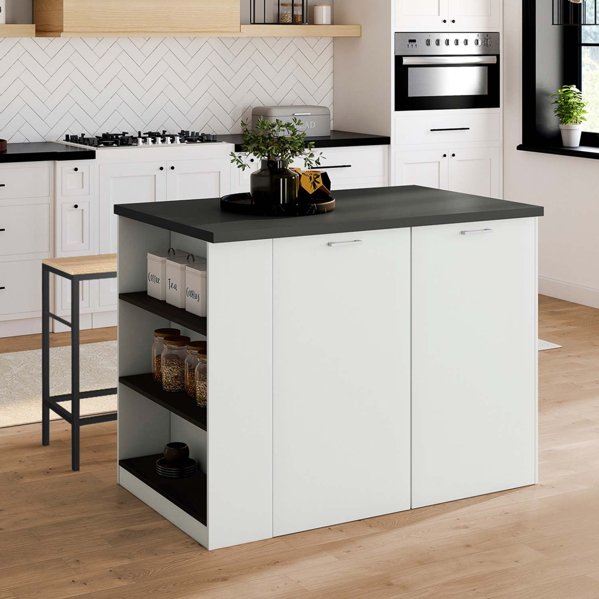 Voir la diapositive 2 : ID MARKET Ilot central tibo 120 cm bois blanc avec plan de travail gris anthracite