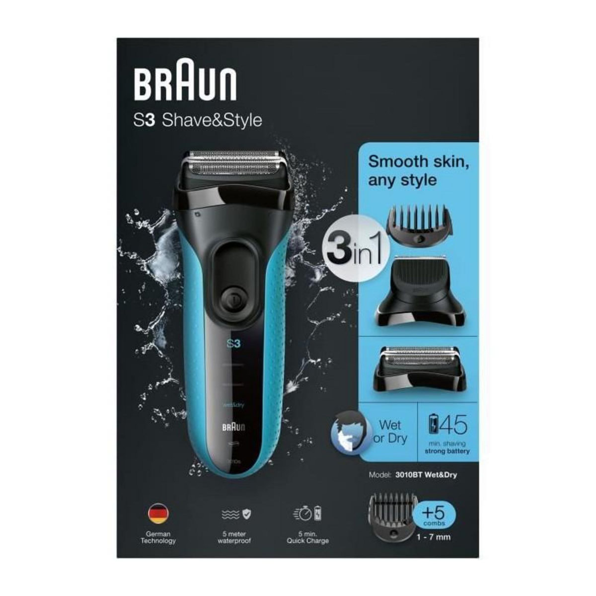 BRAUN Rasoir électrique barbe homme - BRAUN - Series 3 Shave & Style 3010BT - Technologie Wet & Dry - Noir / Bleu
