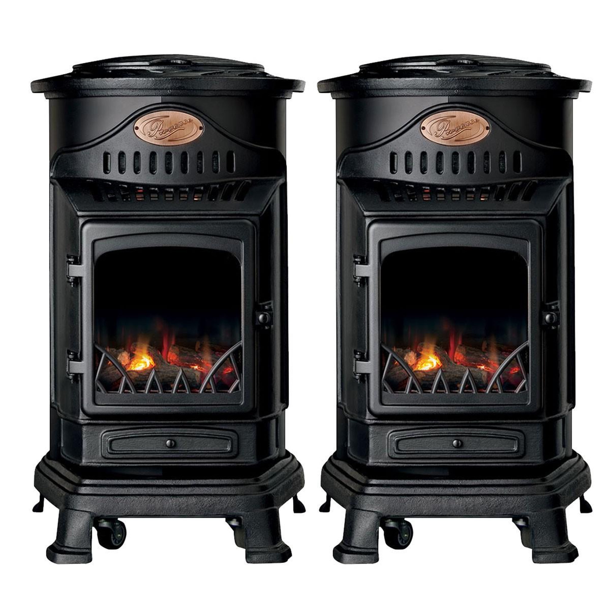 Voir la diapositive 1 : INTEC Pack de 2 Poêles à gaz Noir Provence en fonte 3,4KW Effet feu Chauffage d'appoint gaz sur roues