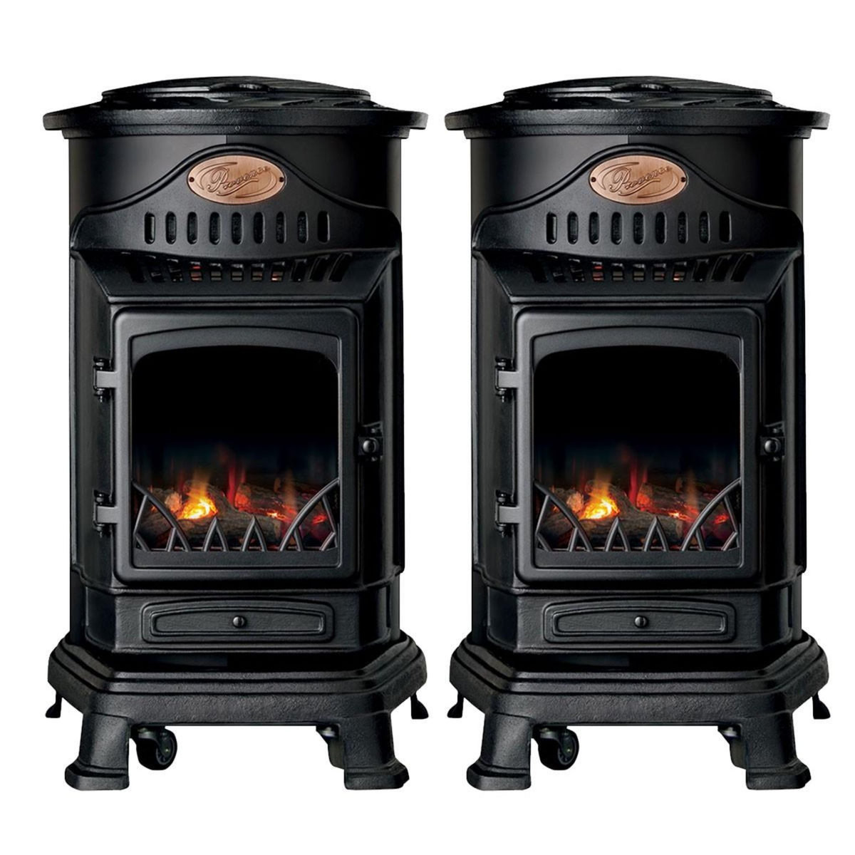 INTEC Pack de 2 Poêles à gaz Noir Provence en fonte 3,4KW Effet feu Chauffage d'appoint gaz sur roues