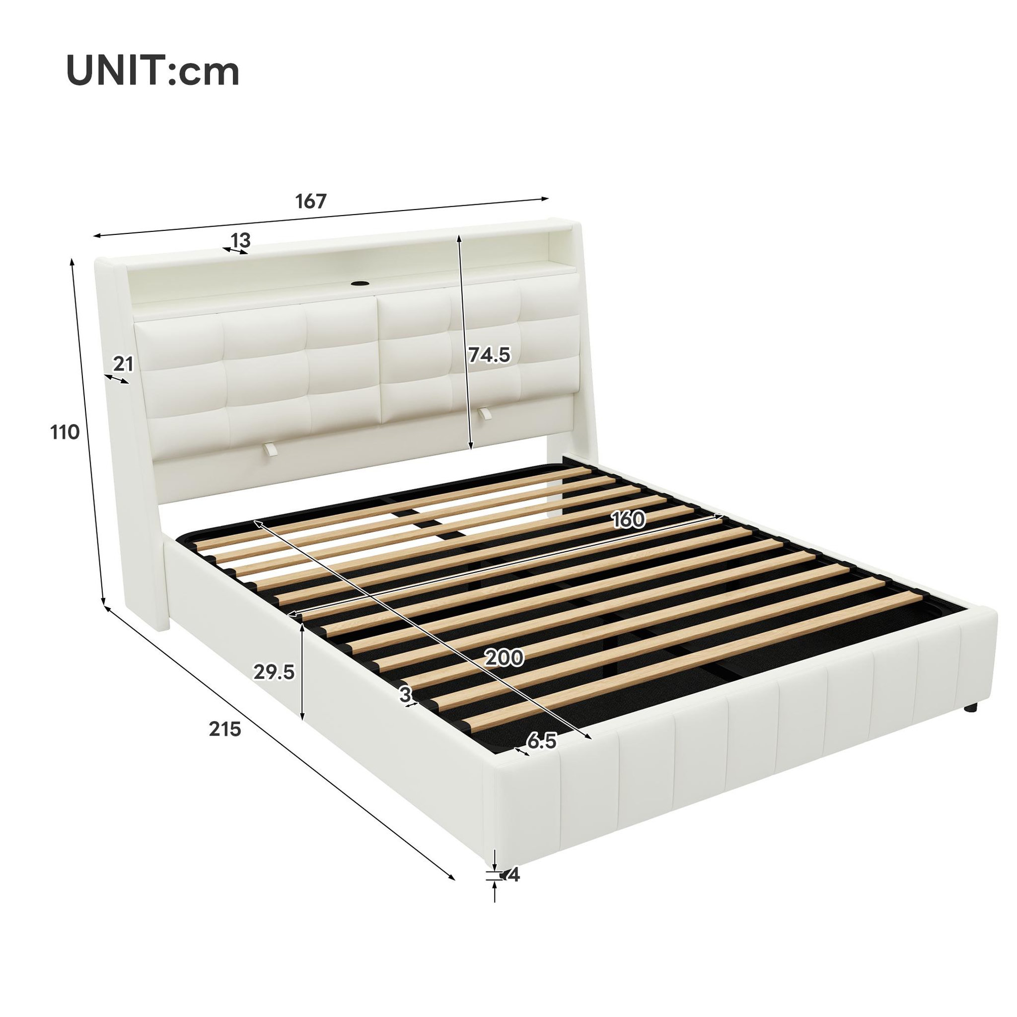 Voir la diapositive 3 : MERAX Lit coffre rembourré 160x200 cm coloris blanc led mdf