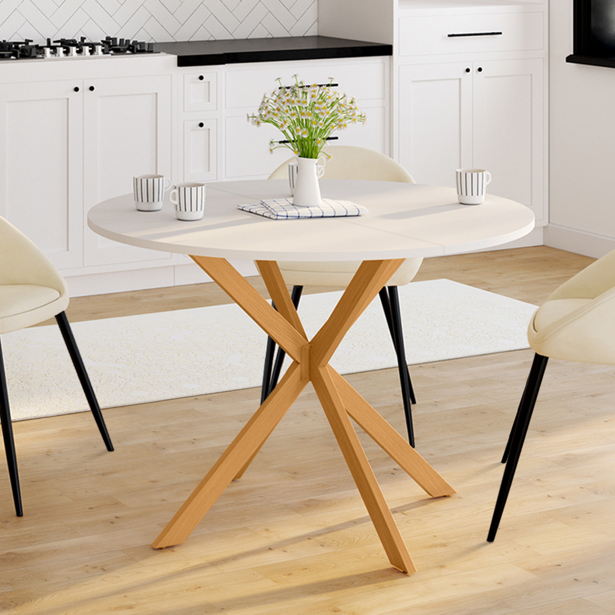 Voir la diapositive 2 : ID MARKET Table à manger ronde alix 6 personnes pied araignée bois plateau blanc gisele 110 cm