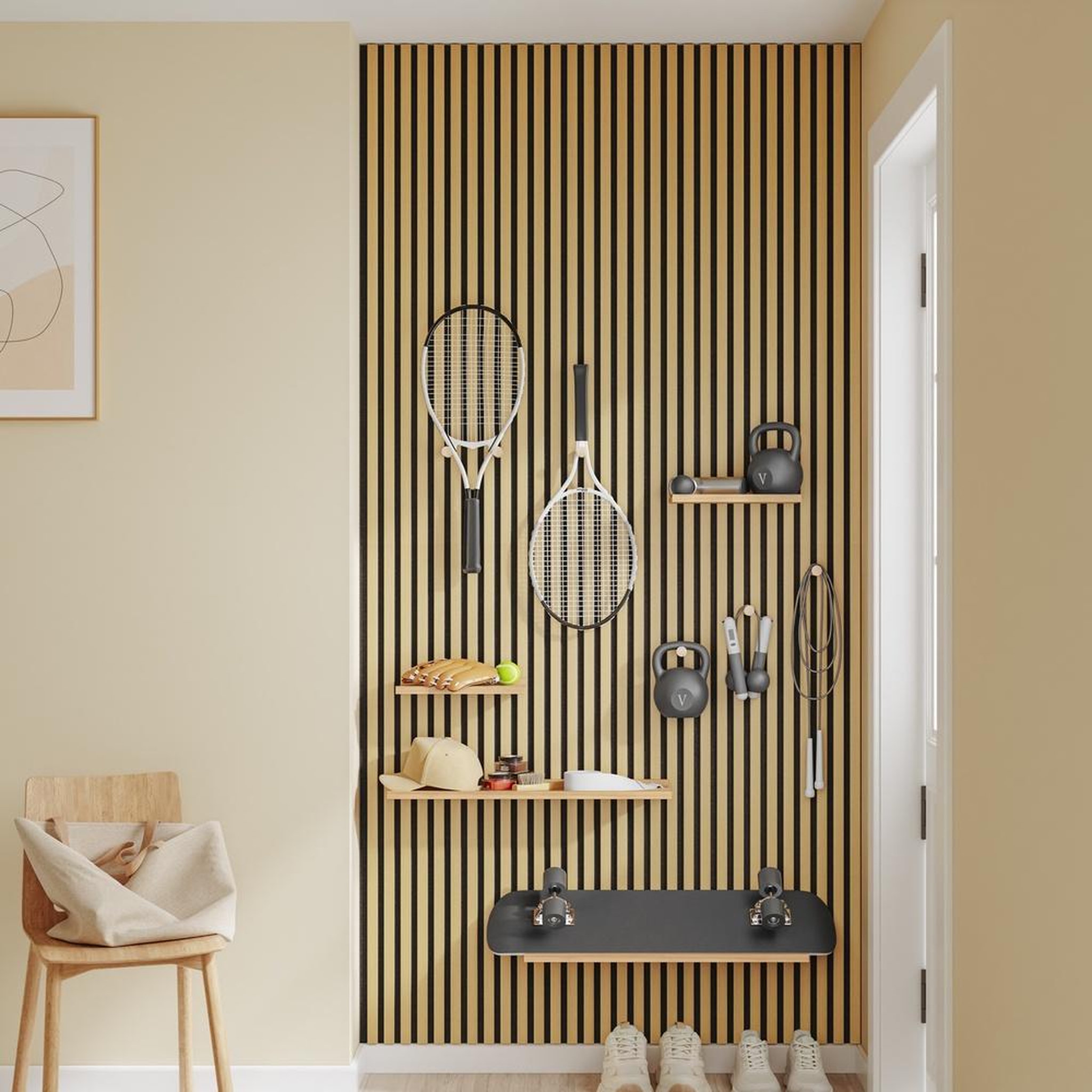 Voir la diapositive 2 : SOBUY Étagère murale bois naturel avec 2 tablettes et 3 crochets 120x19x120cm fhk40-n