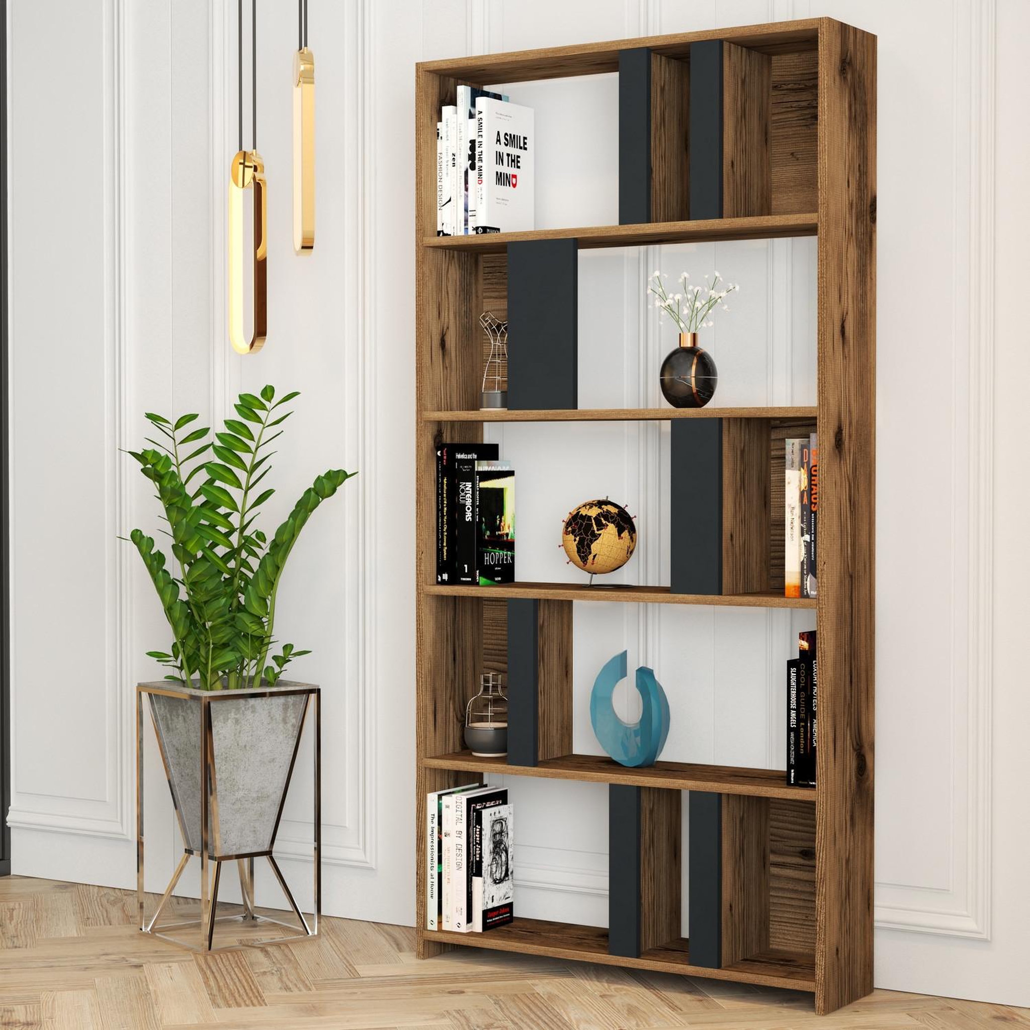 Voir la diapositive 2 : Habitat et Jardin Bibliothèque en bois  lima  90 x 20 x 180 cm - noyer