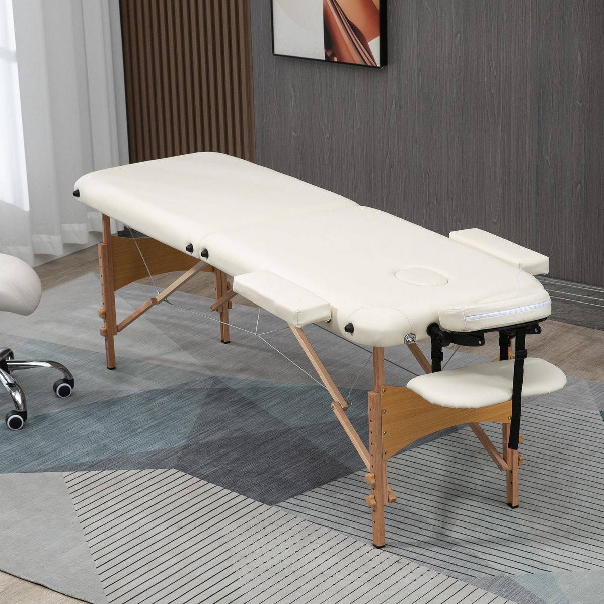 HOMCOM Table de massage pliante lit table de beauté 2 zones portable sac de tranport inclus hauteur réglable dim. 182L x 60l x 61-87H cm bois massif revêtement synthétique crème