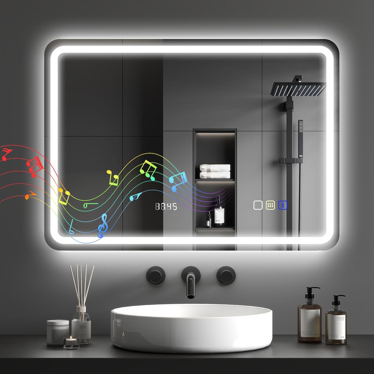 HOMCOM Miroir lumineux LED salle de bain Bluetooth 50x70cm - horloge numérique, antibuée, tactile, réglable - verre trempé 4 mm