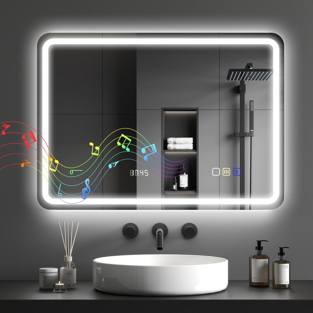 HOMCOM Miroir lumineux LED salle de bain Bluetooth 50x70cm - horloge numérique, antibuée, tactile, réglable - verre trempé 4 mm