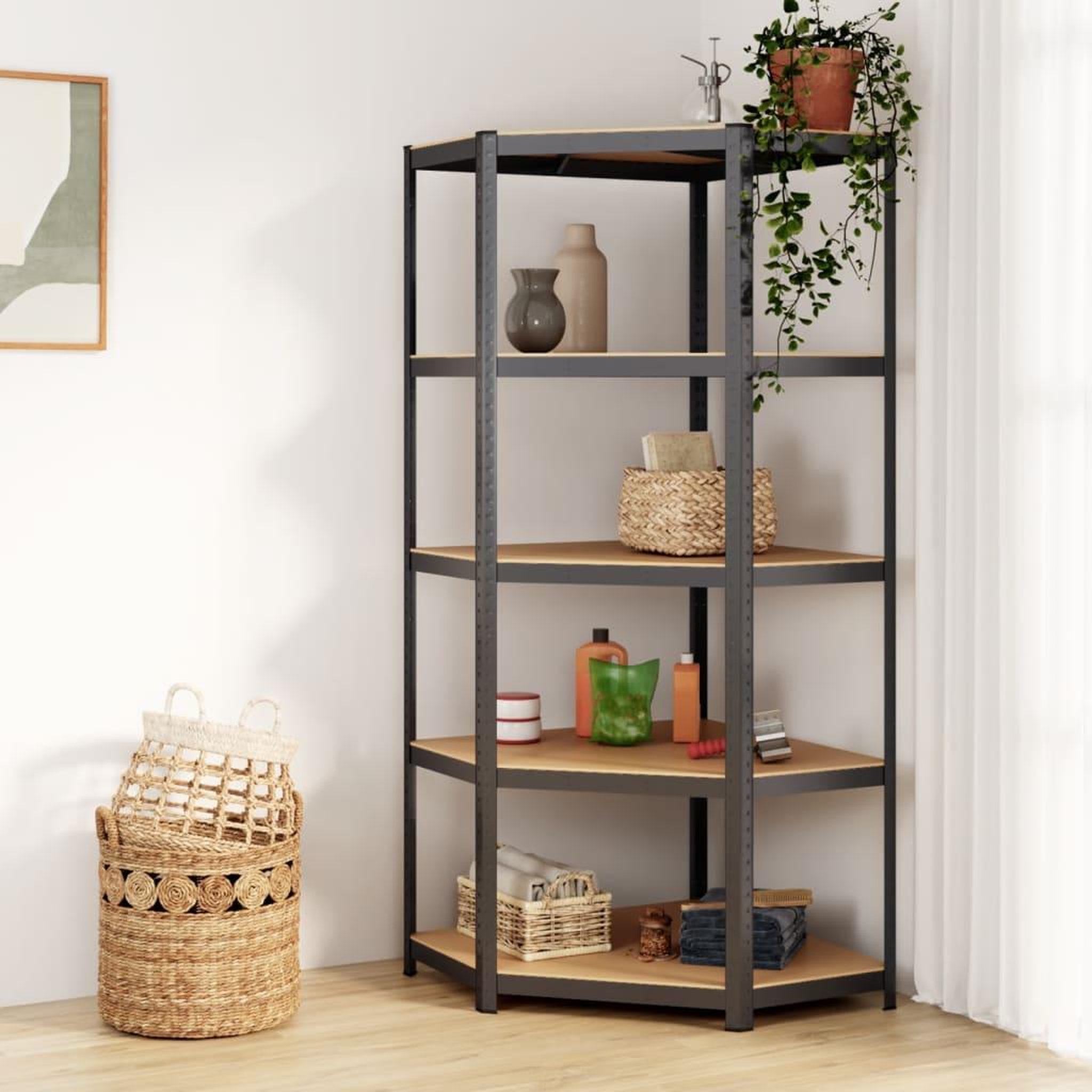 Voir la diapositive 1 : VIDAXL Etagere d'angle a 5 niveaux Anthracite Acier bois d'ingenierie