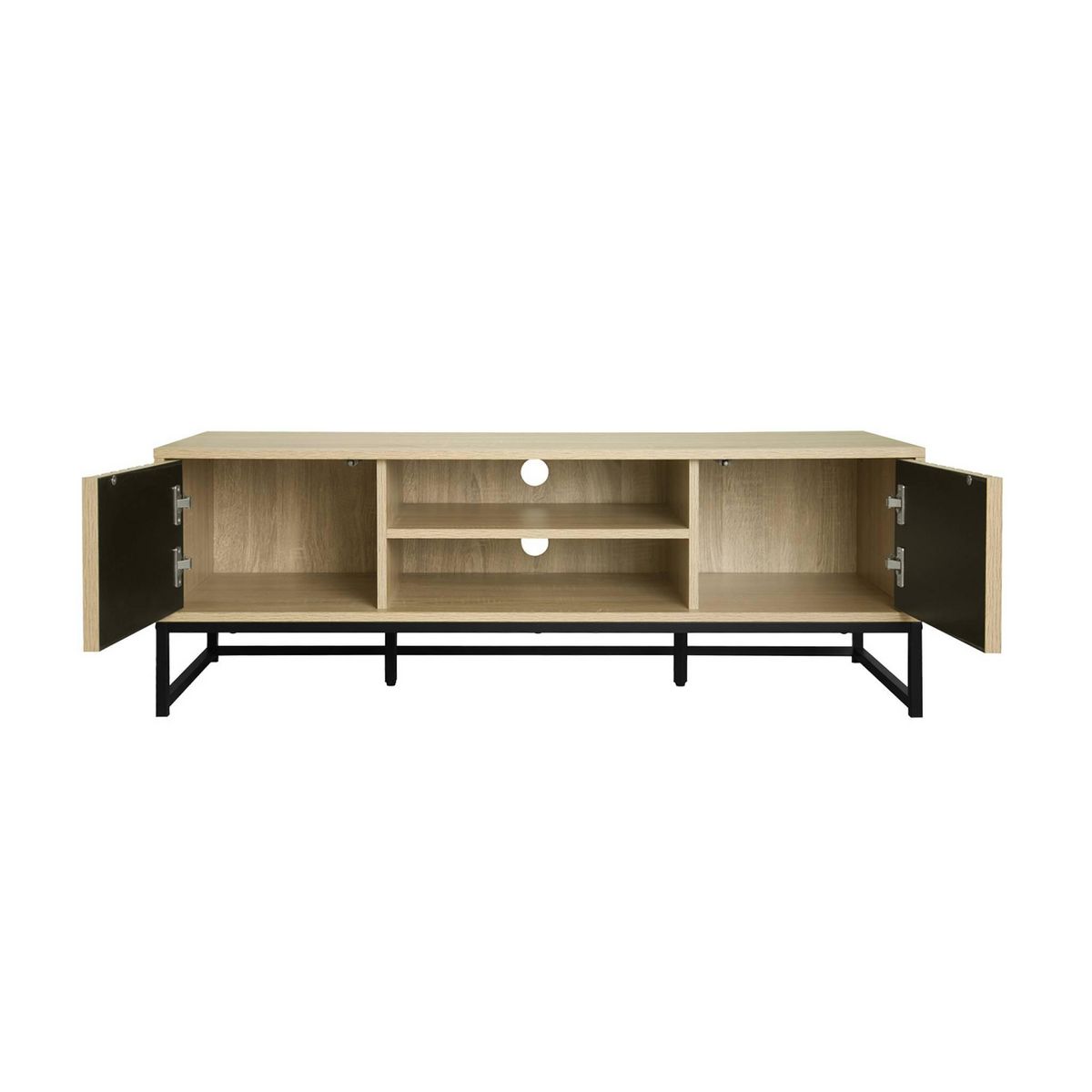 SWEEEK Meuble TV en décor bois rainuré L 120cm et piètement en métal noir. système d'ouverture par pression