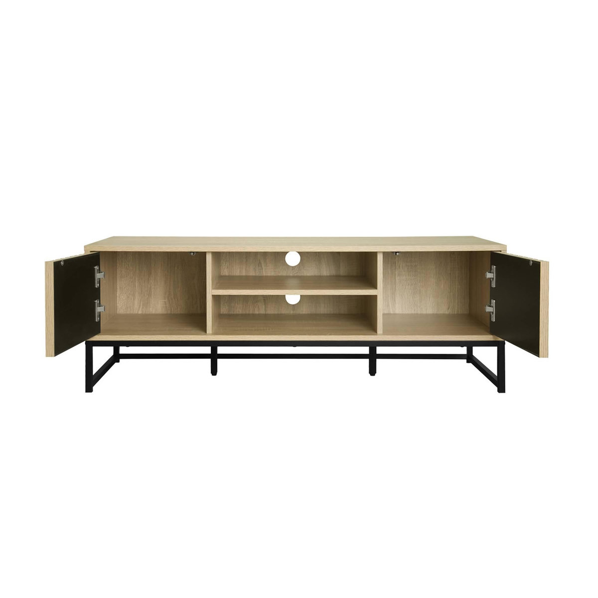 SWEEEK Meuble TV en décor bois rainuré L 120cm et piètement en métal noir. système d'ouverture par pression