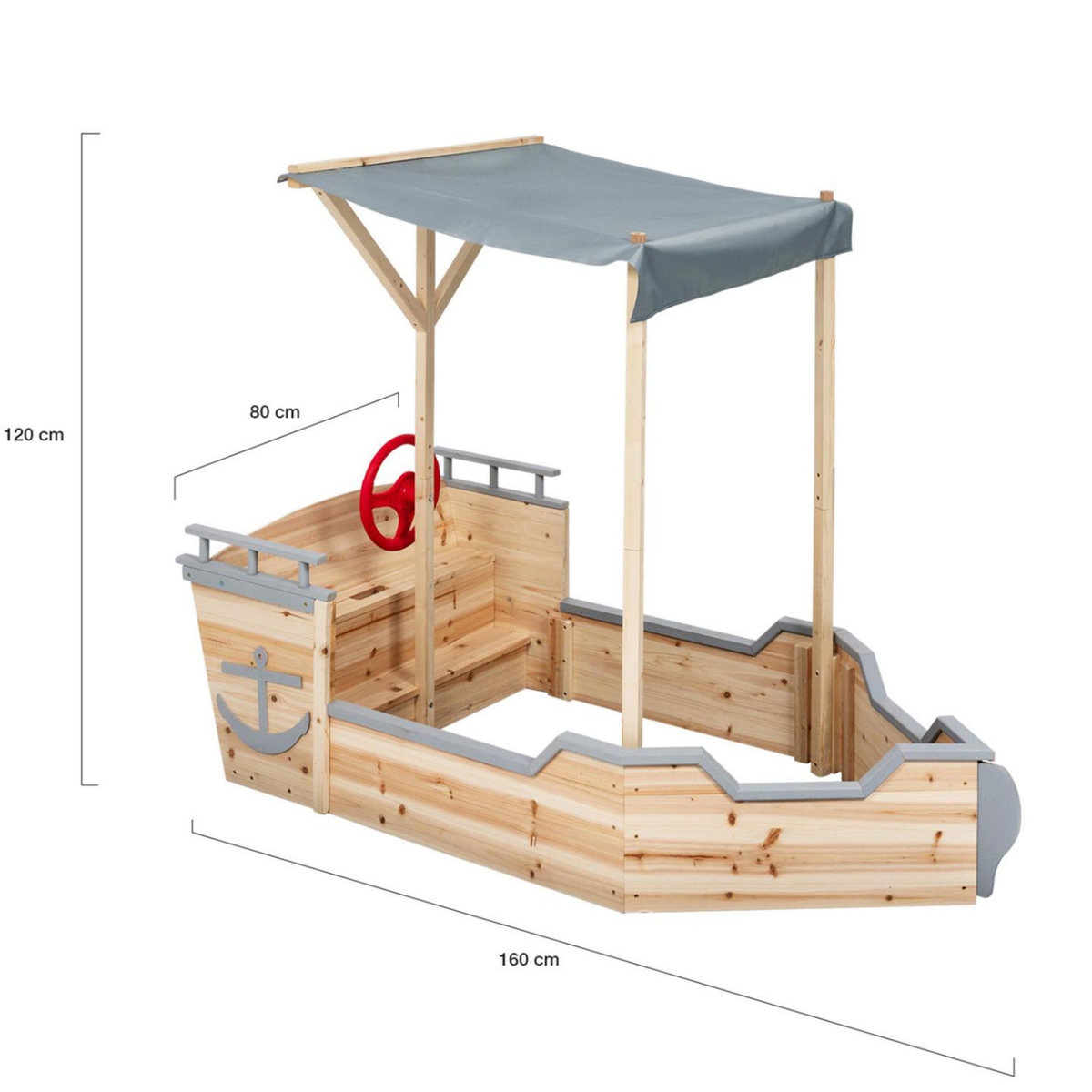 ID MARKET Bac à sable WORLD bois bateau de pirate avec banc coffre et toit gris
