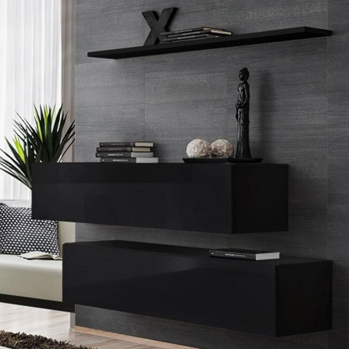 Paris Prix Lot de 2 Bancs Muraux & Étagère  Switch SBII  130cm Noir
