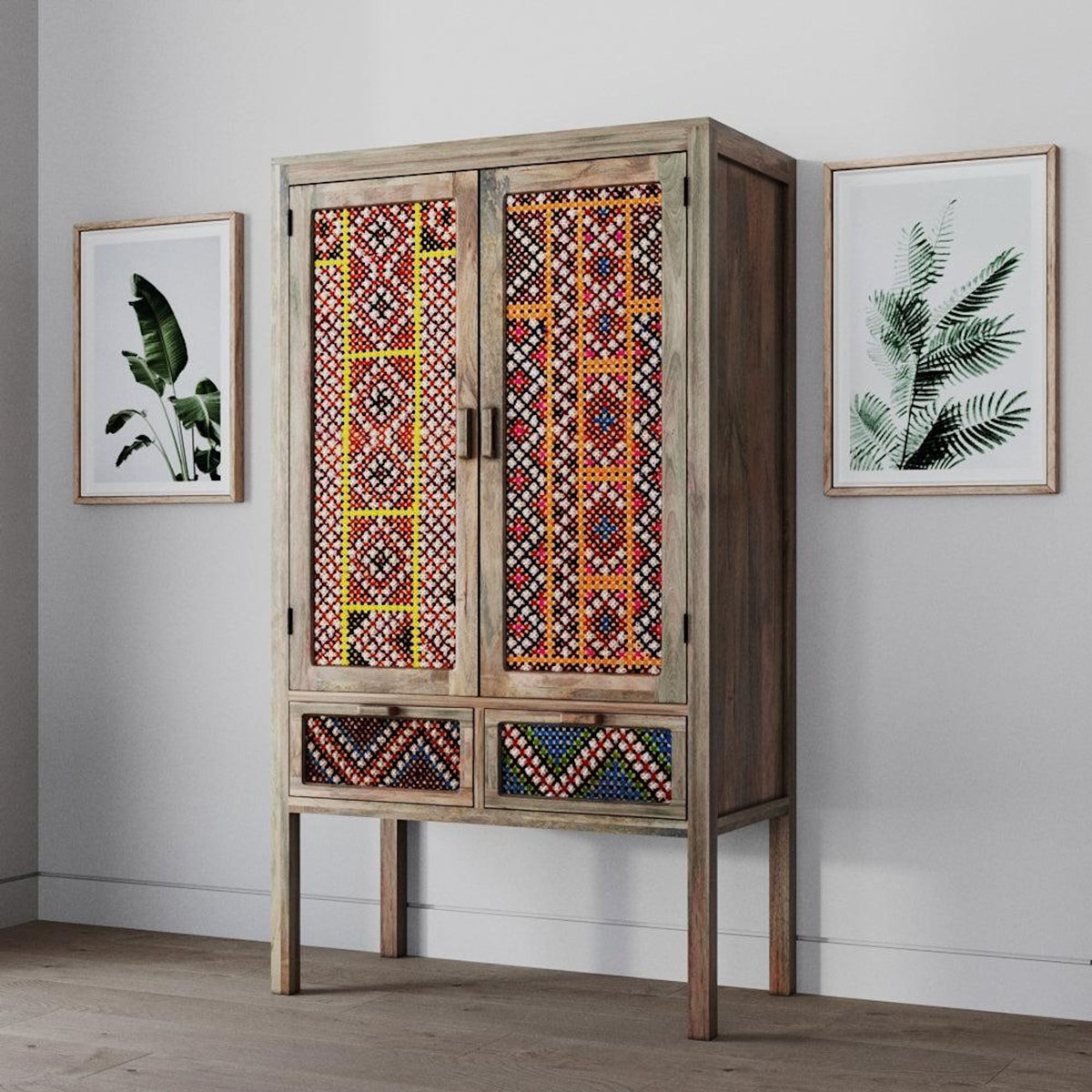 Rendez vous déco Armoire 2 portes 2 tiroirs en manguier et cannage coloré-Massaï