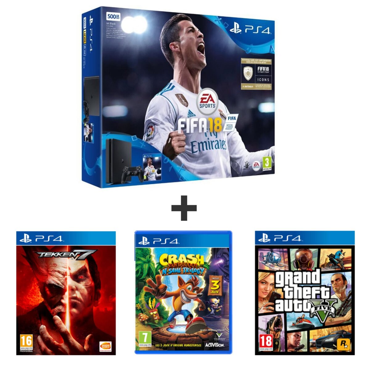 PS4 500GO + FIFA 18 + TEKKEN 7 + CRASH BANDICOOT N.SANE TRILOGY + GTA 5