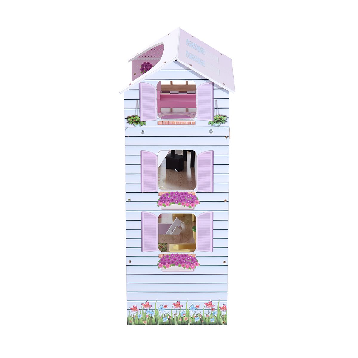 HOMCOM Maison de poupée en bois jeu d'imitation grand réalisme multi-équipement 60L x 30l x 80H cm blanc et rose